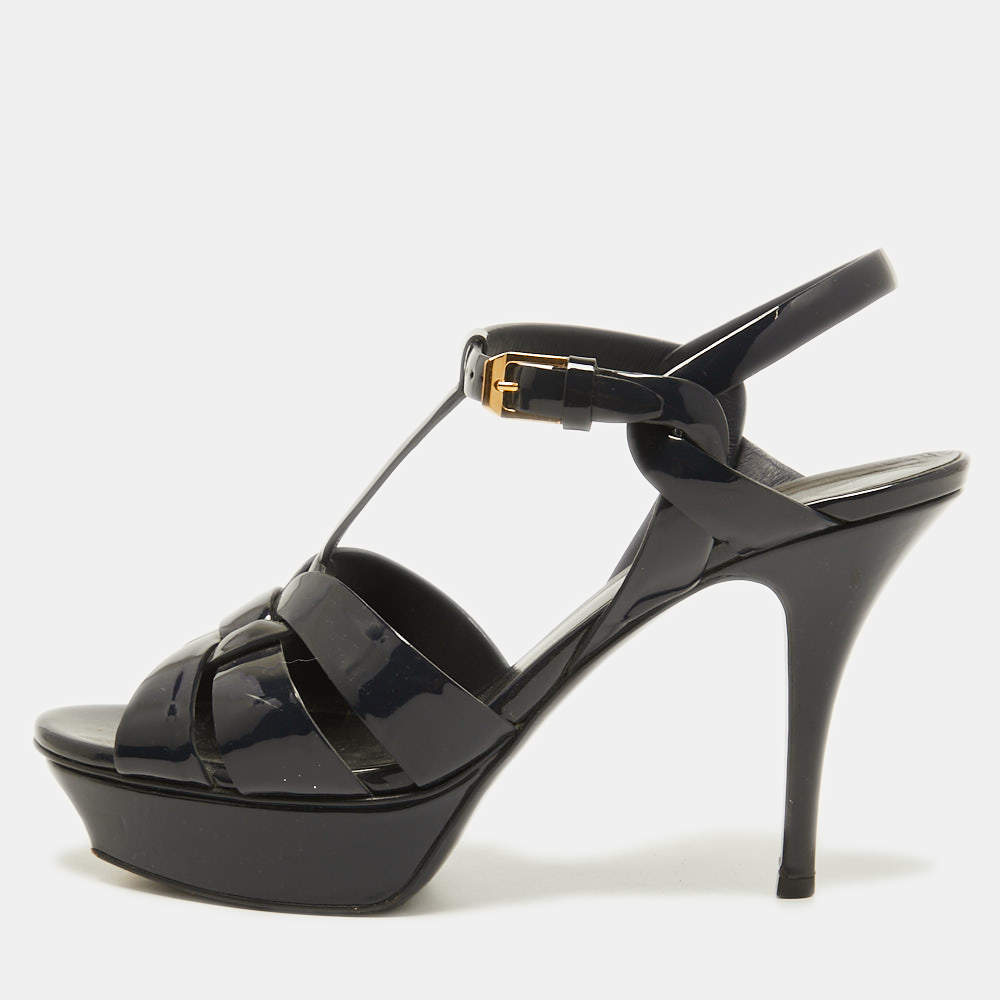 Pre Owned Saint Laurent Navy Blue Patent Leather Tribute Sandals Size 39