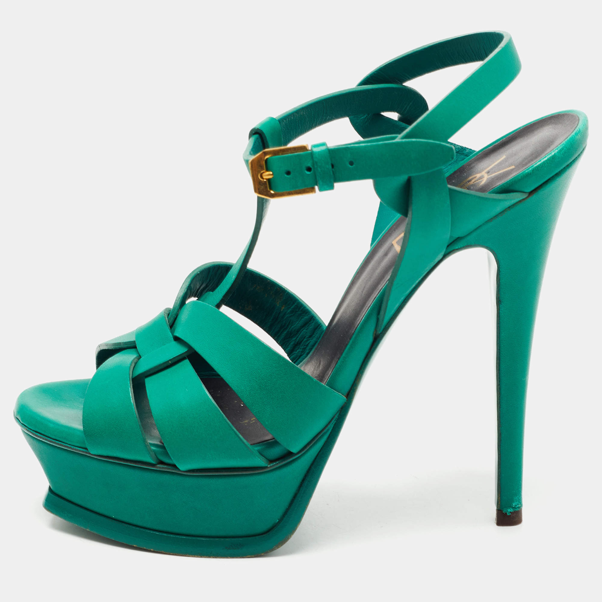 Pre Owned Saint Laurent Green Leather Tribute Sandals Size 35