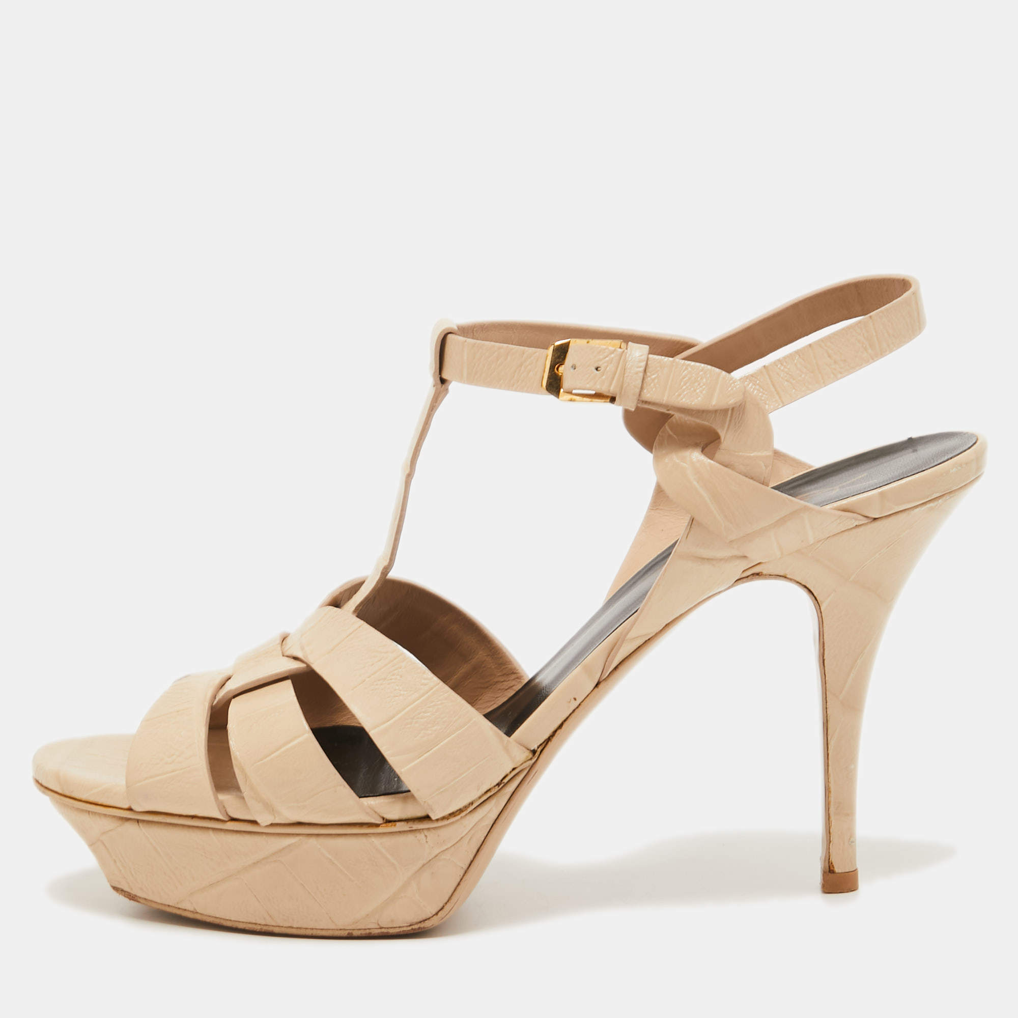 Pre Owned Saint Laurent Beige Croc Embossed Leather Tribute Sandals Size 40