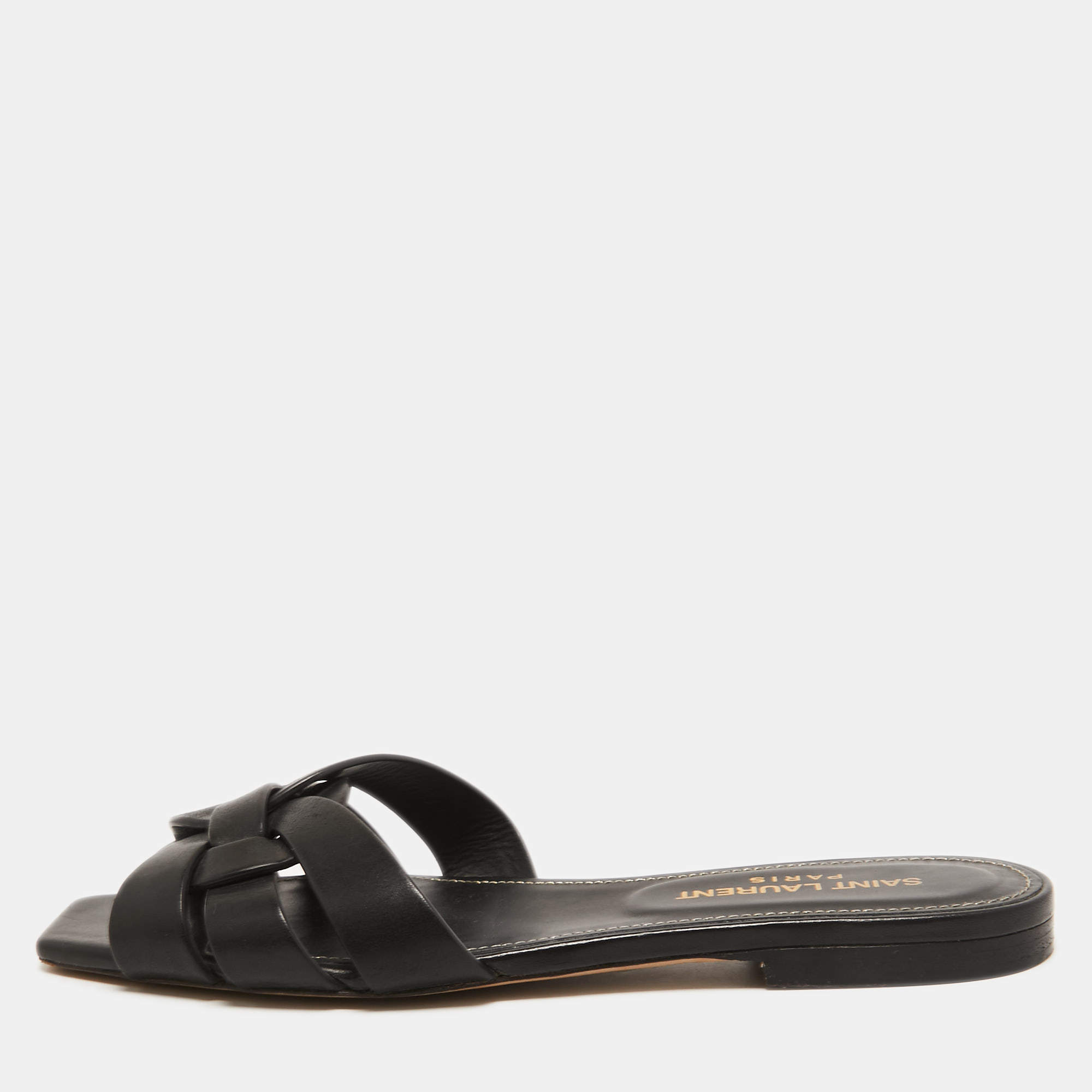 Saint Laurent Black Leather Tribute  Flat Slides Size 36