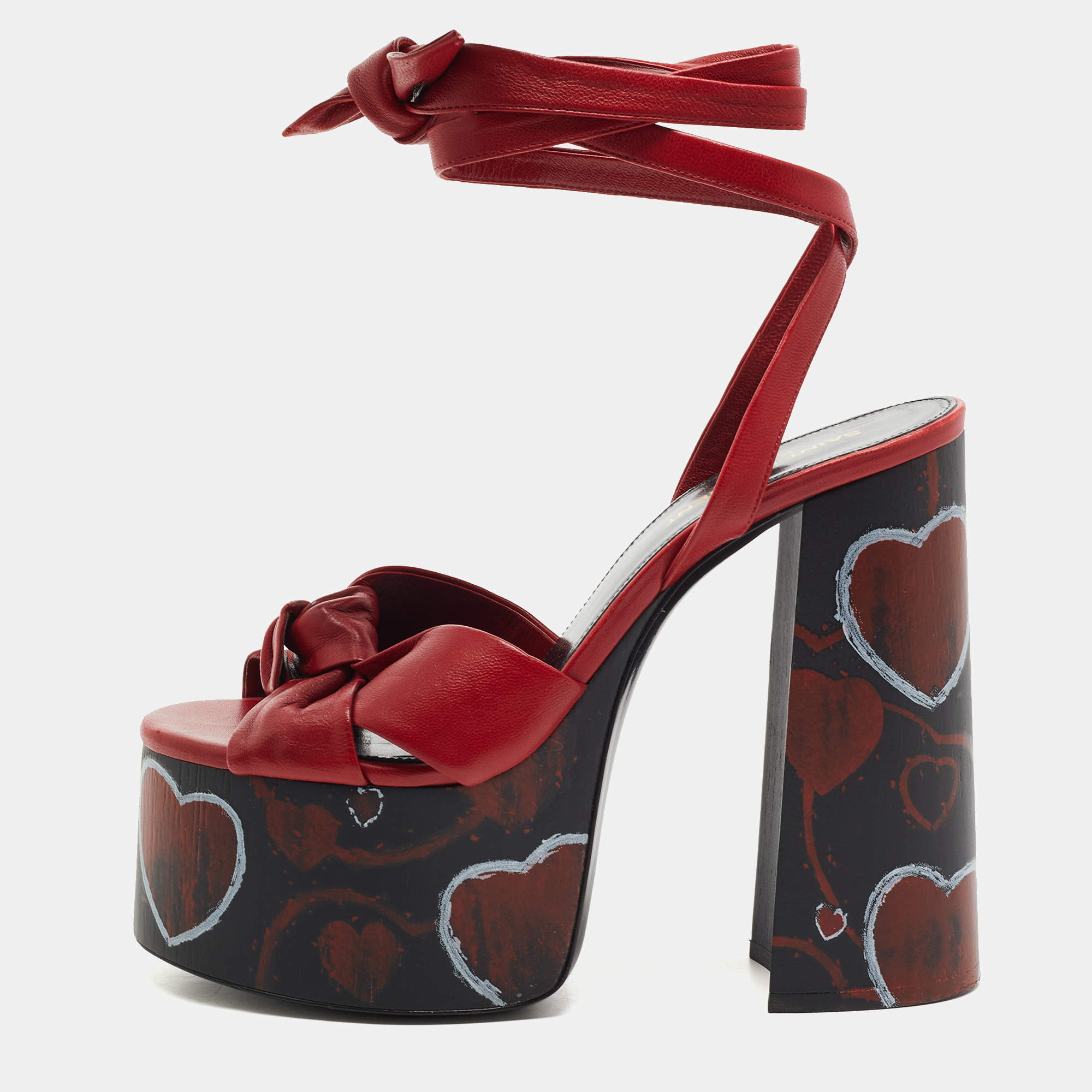 Saint Laurent Paris Red Leather Ankle Wrap Sandals Size 37