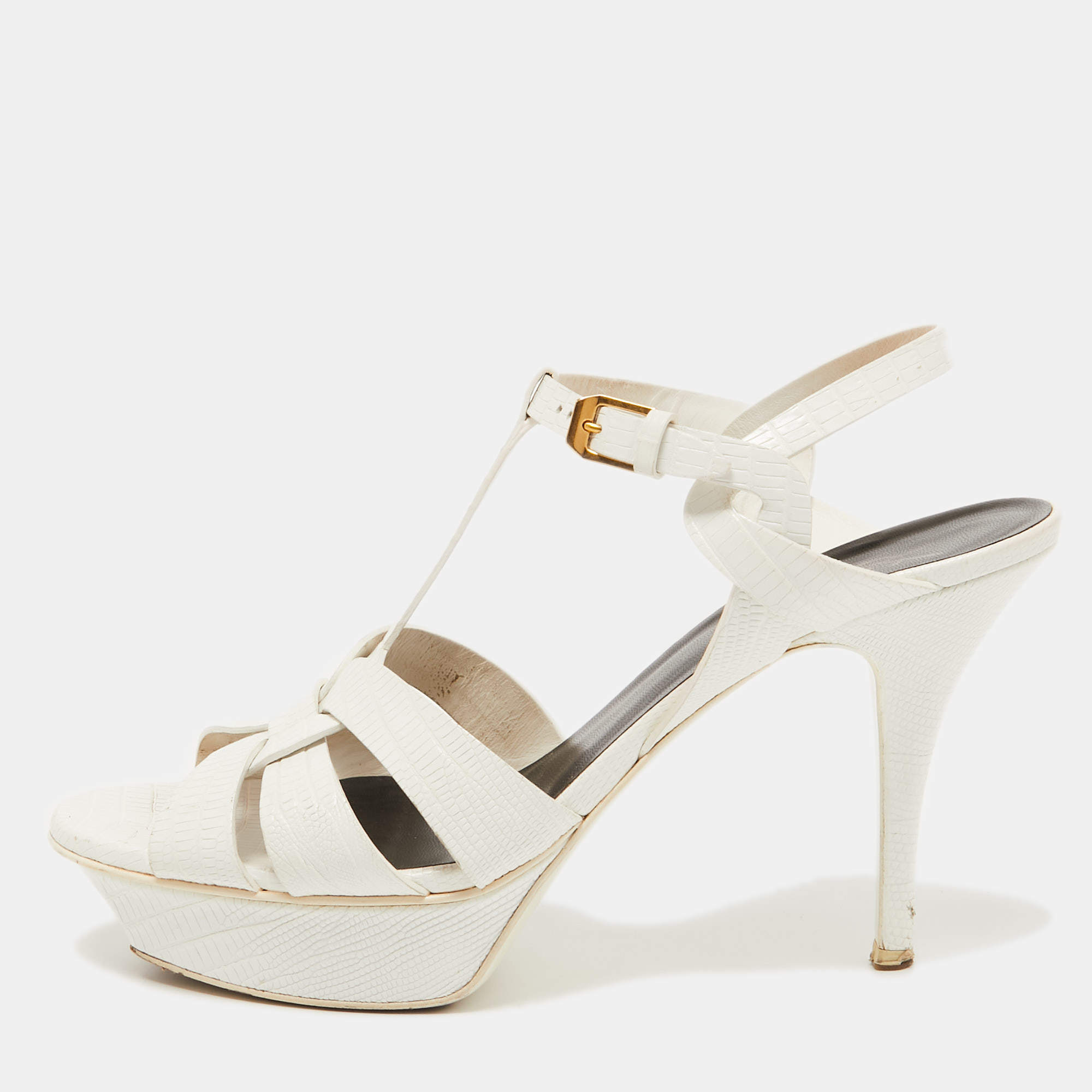 Pre Owned Saint Laurent White Lizard Embossed Leather Tribute Sandals Size 40.5