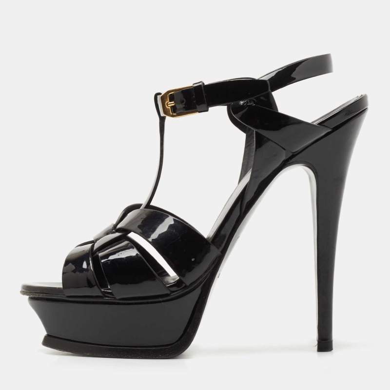 Pre Owned Saint Laurent Navy Blue Patent Tribute Sandals Size 36