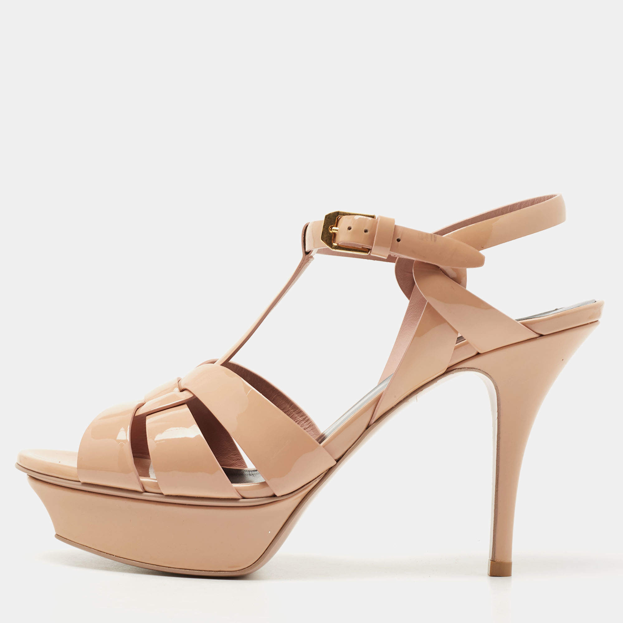 Pre Owned Saint Laurent Beige Patent Leather Tribute Sandals Size 38.5