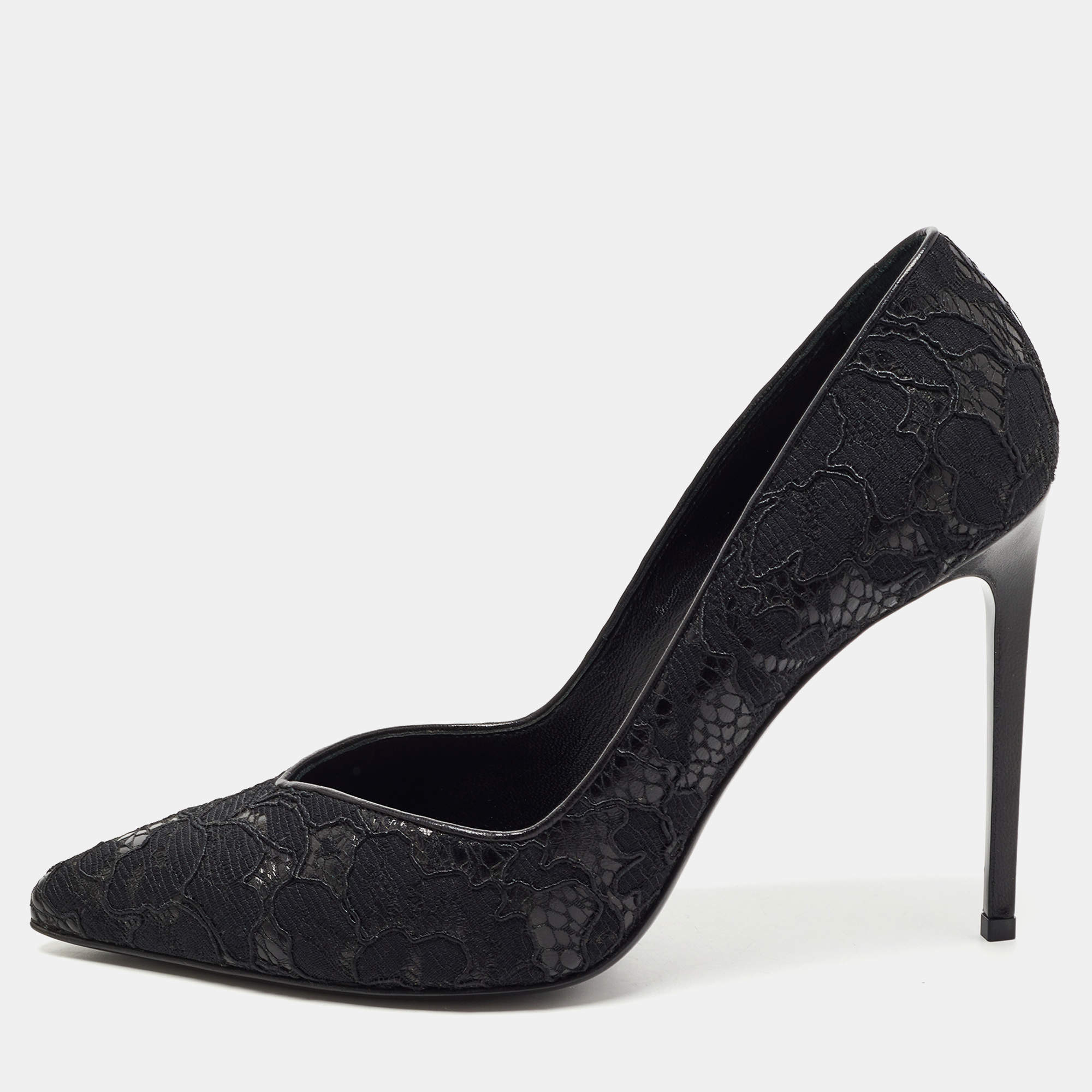 Pre Owned Saint Laurent Black Mesh and Lace Pointed Toe Pumps Size 40