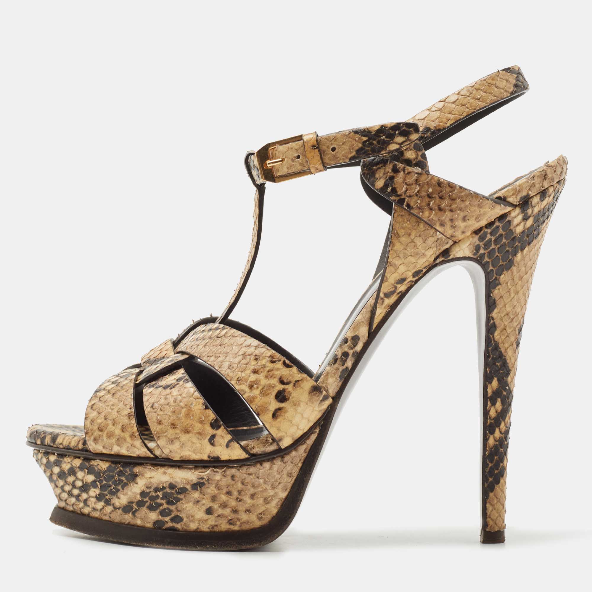مملوكة مسبقًا Saint Laurent Brown Python Embossed Leather Tribute Sandals Size 38