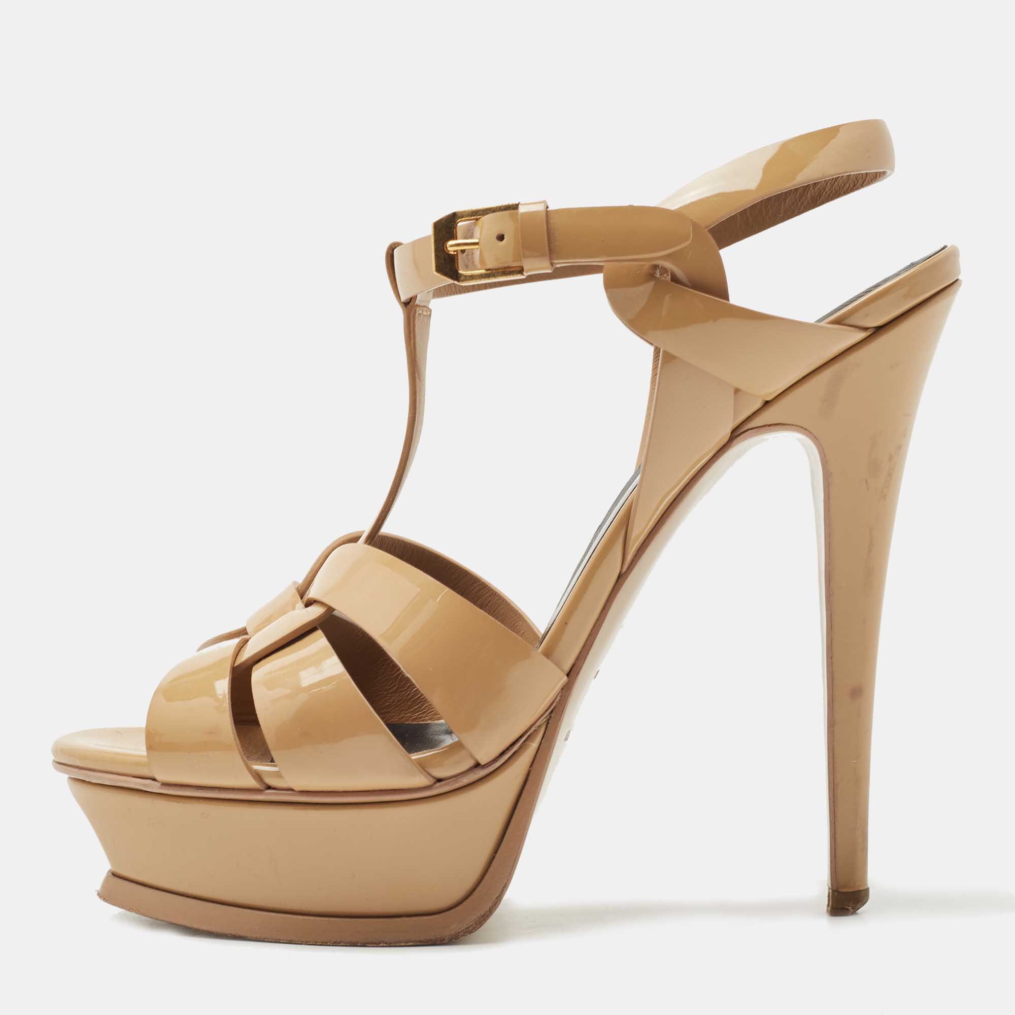 Saint Laurent Beige Patent Leather Tribute Ankle Strap Platform Sandals Size 37