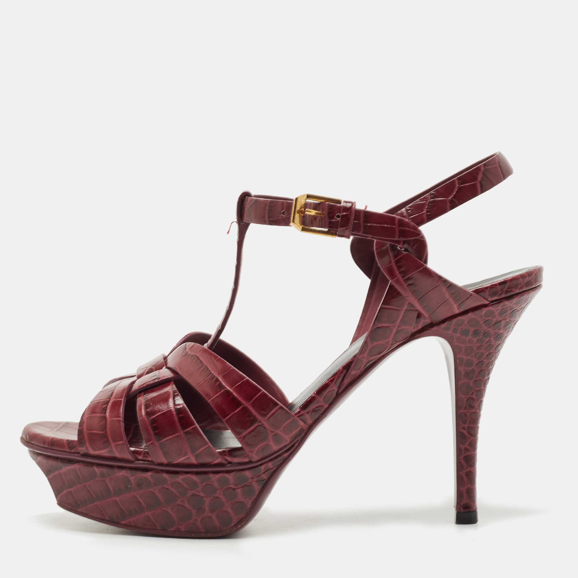 Pre Owned Saint Laurent Burgundy Croc Embossed Leather Tribute Sandals Size 36