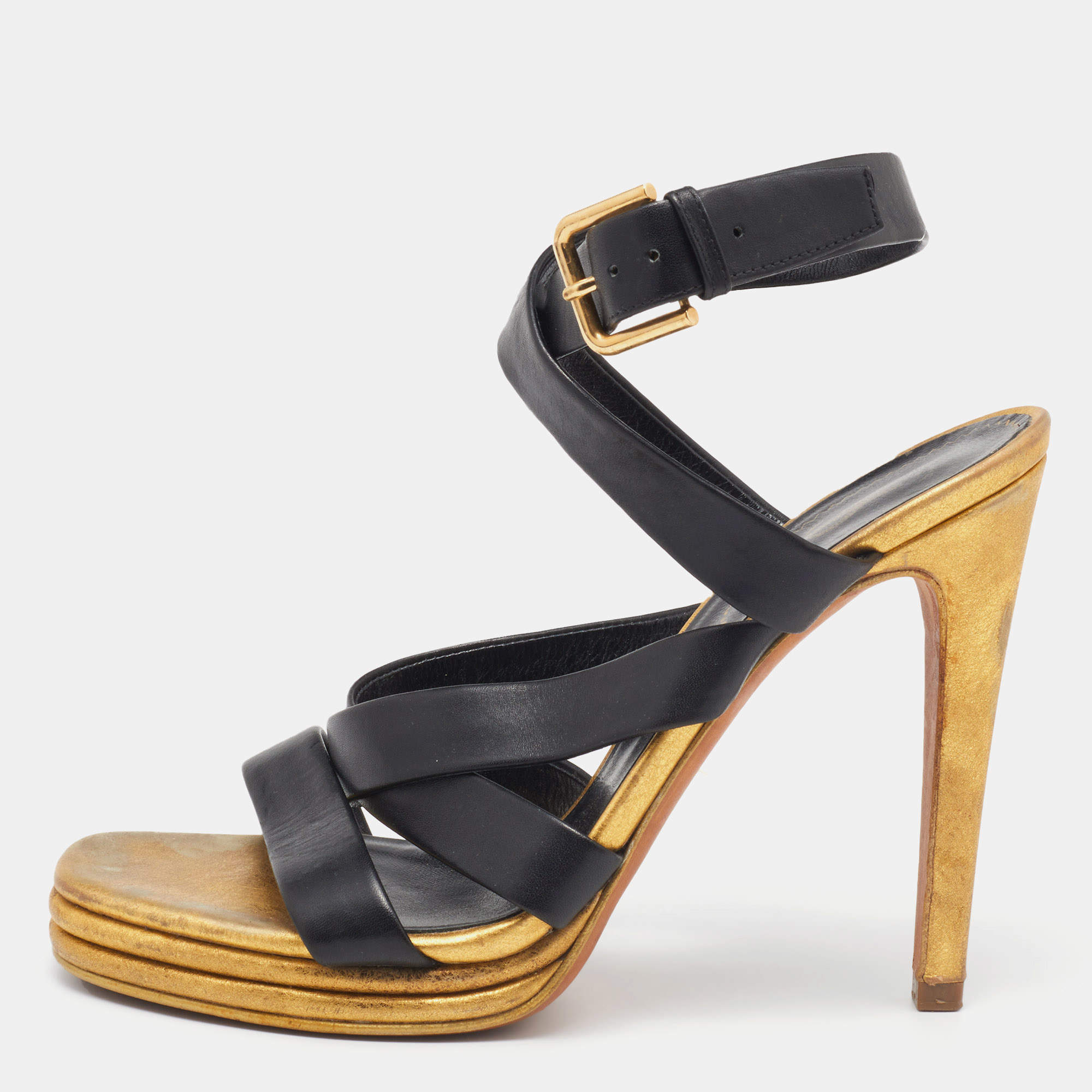 Pre Owned Saint Laurent Black/Gold Leather  Ankle Wrap Sandals Size 37.5