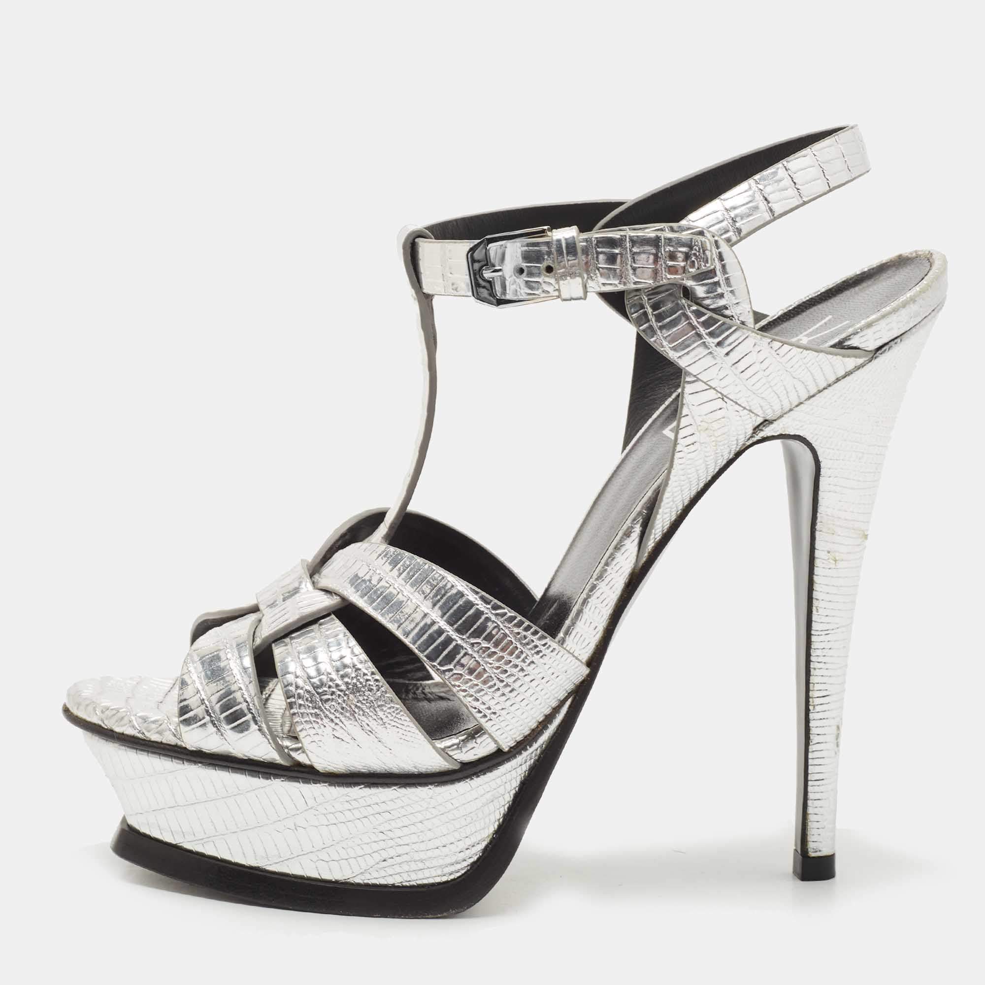 Pre Owned Saint Laurent Silver Lizard Embossed Leather Tribute Sandals Size 36