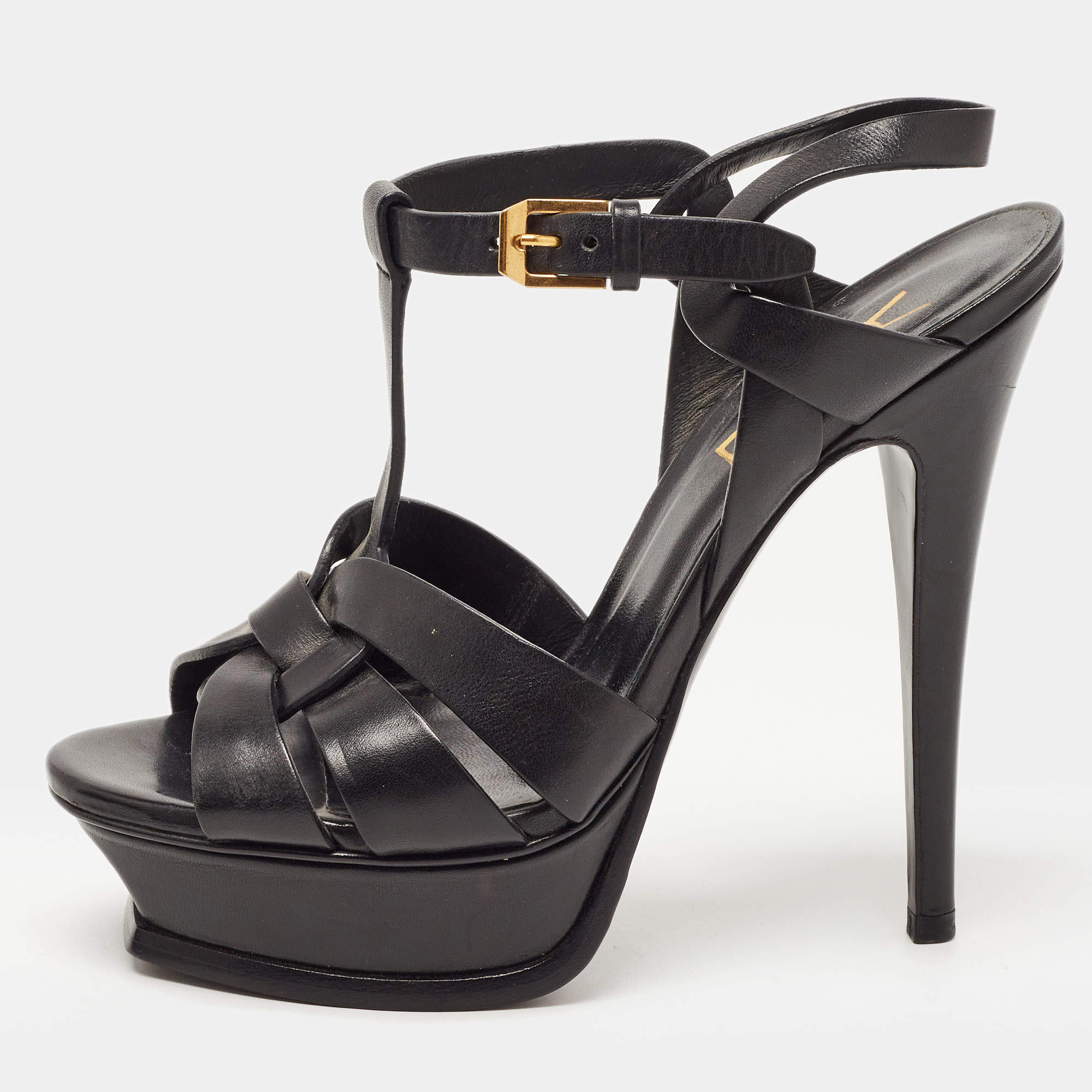 Pre Owned Saint Laurent Black Leather Tribute Sandals Size 35