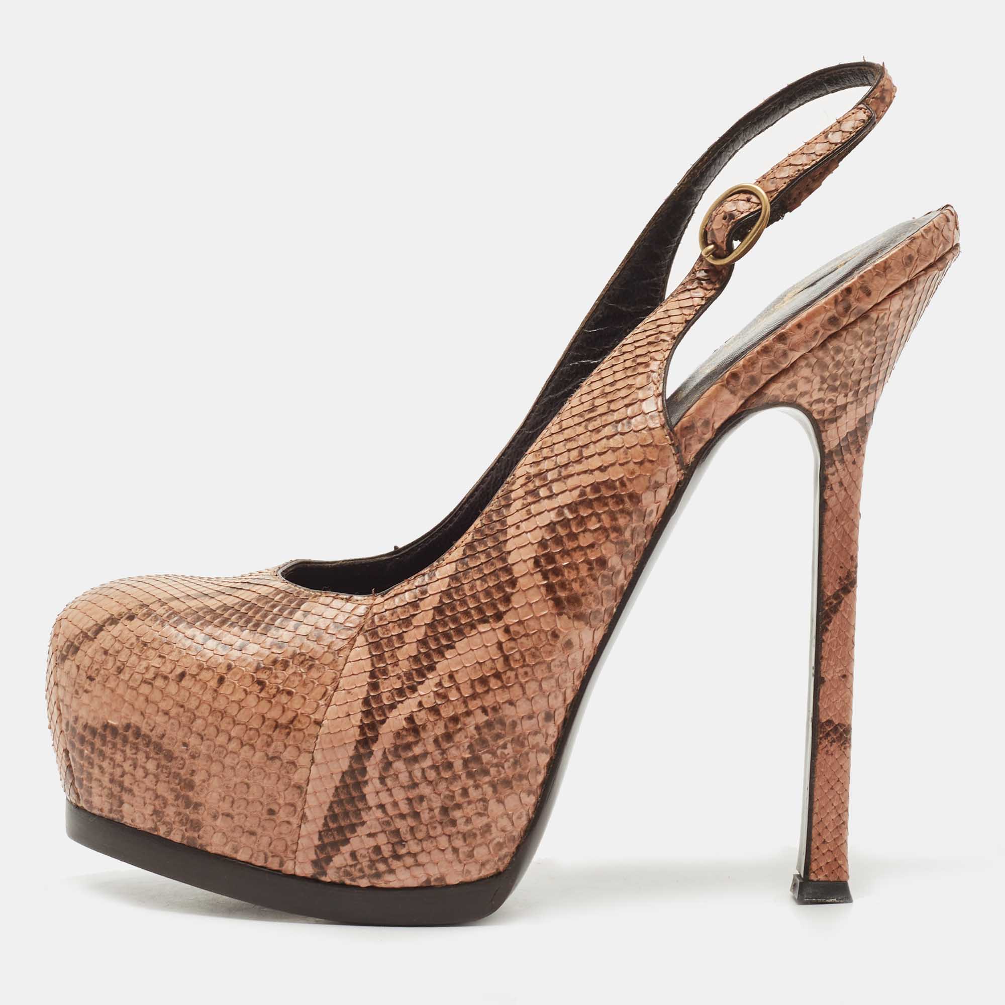 Saint Laurent Brown Snakeskin Leather Tribtoo Pumps Size 35