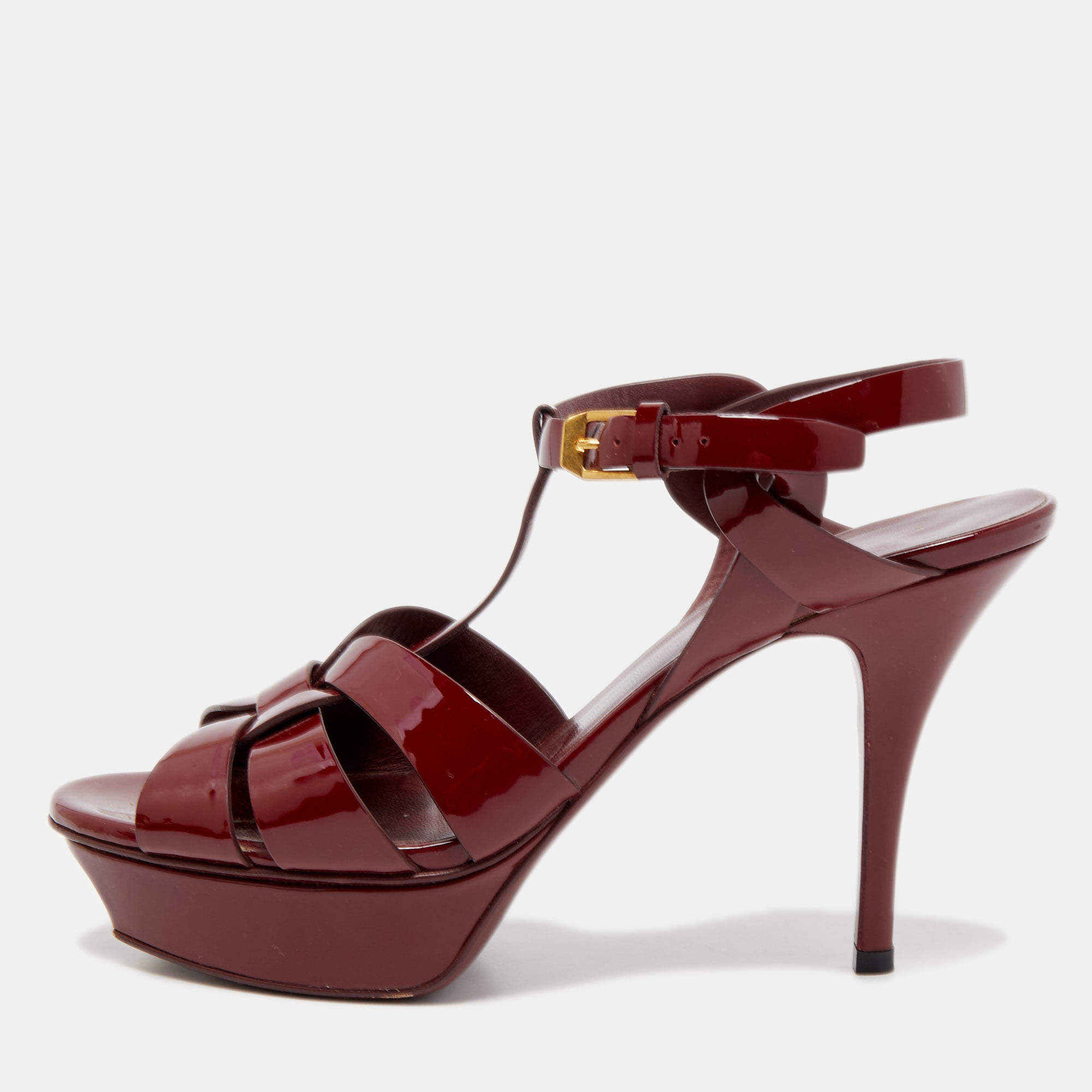 Pre Owned Saint Laurent Burgundy Patent Leather Tribute Sandals Size 39