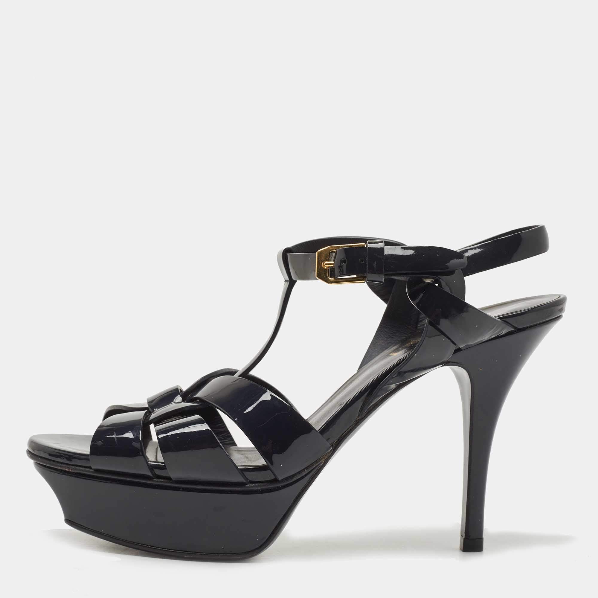 Pre Owned Saint Laurent Paris Navy Blue Patent Leather Tribute Sandals Size 36