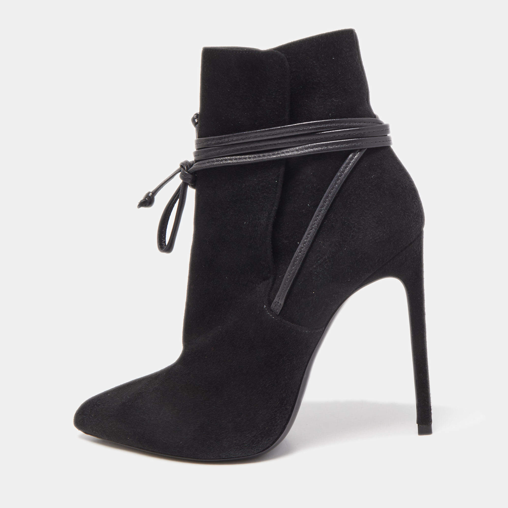 Saint Laurent Black Suede Pointed Toe Wrap Ankle Boots Size 38