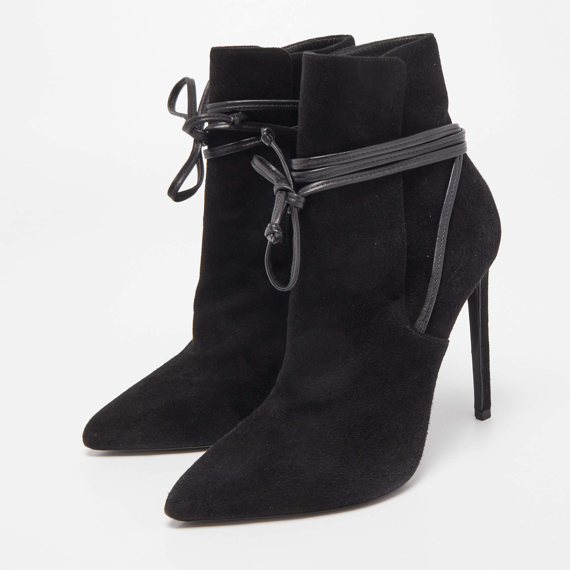 Saint Laurent Black Suede Pointed Toe Wrap Ankle Boots Size 38 Laurent Paris | TLC