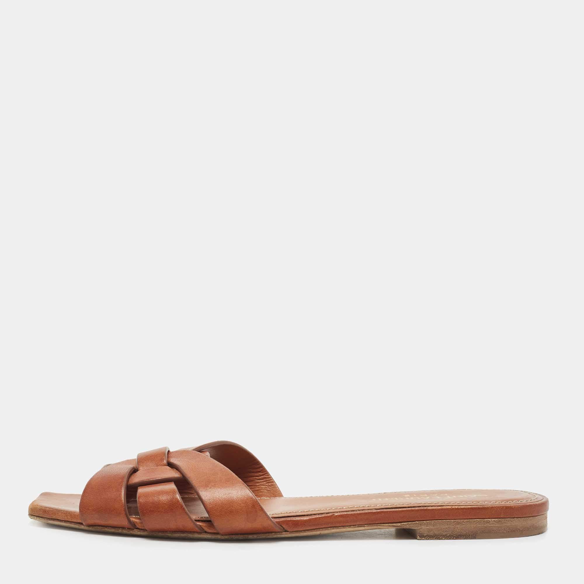 Pre Owned Saint Laurent Tan Leather Tribute Flat Slides Size 37