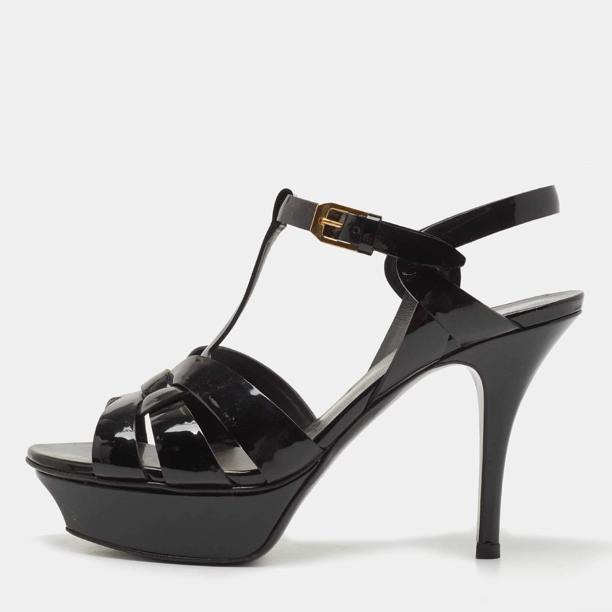 Pre Owned Saint Laurent Black Patent Leather Tribute Sandals Size 35