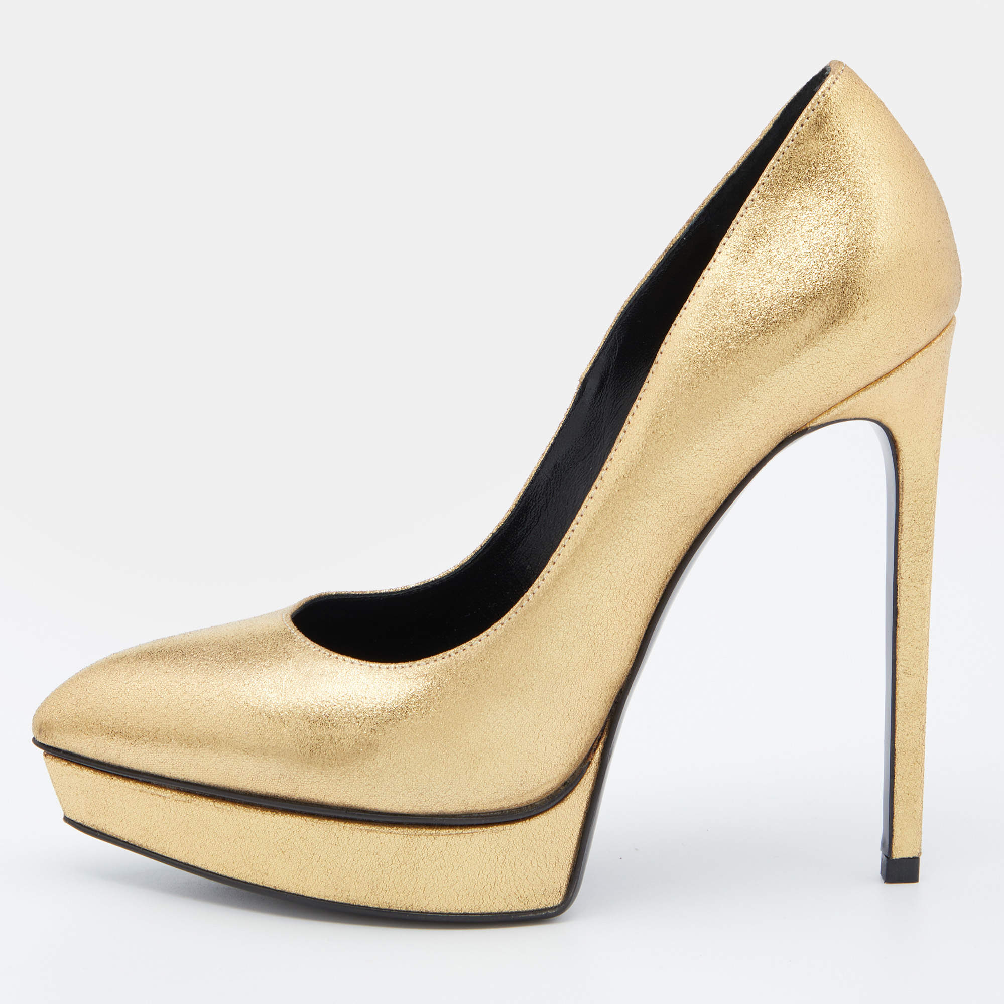 Saint Laurent Gold Leather Janis Pointed Toe Platform Pumps Size 38.5