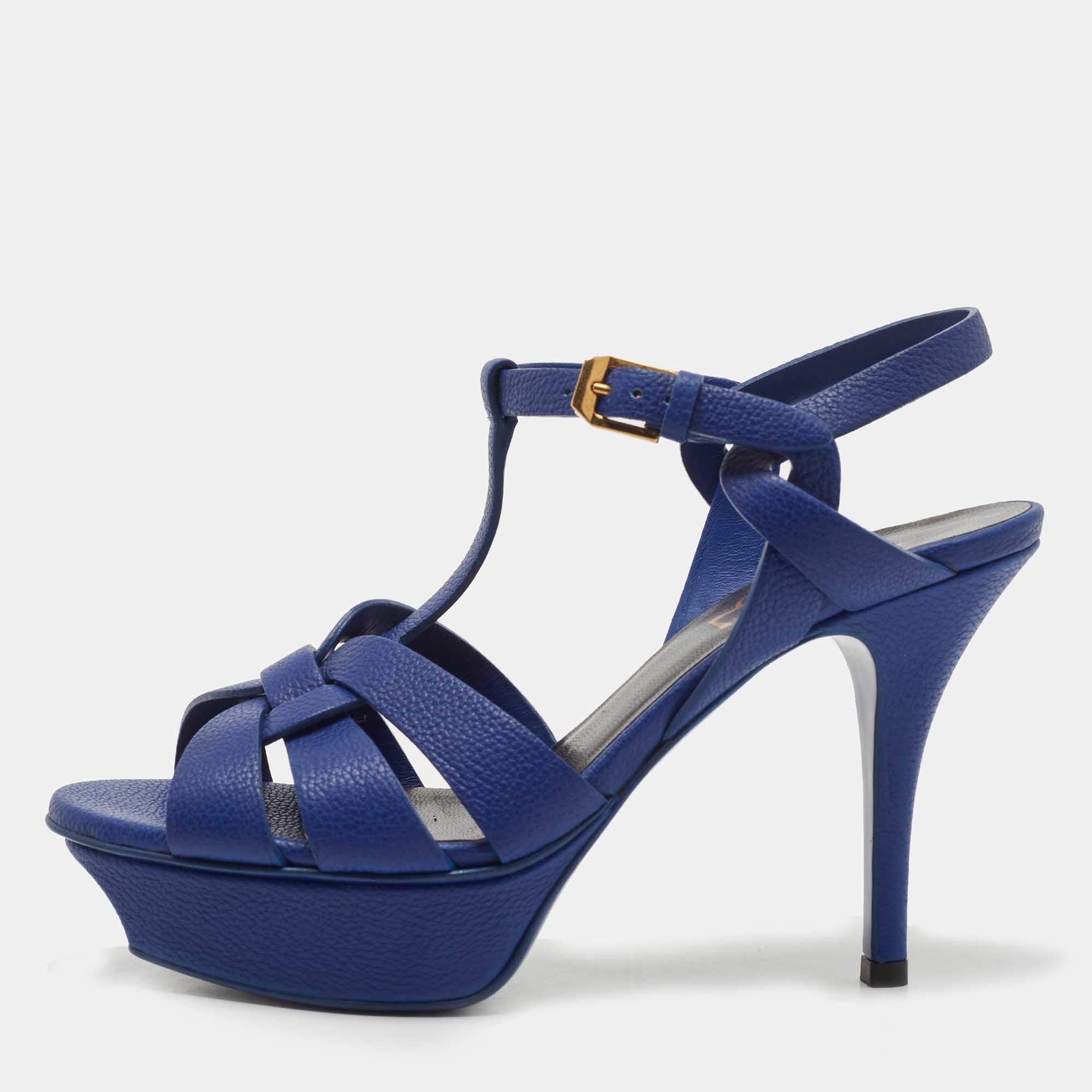 مملوكة مسبقًا Saint Laurent Paris Blue Leather Tribute Platform Ankle Strap Sandals Size 35