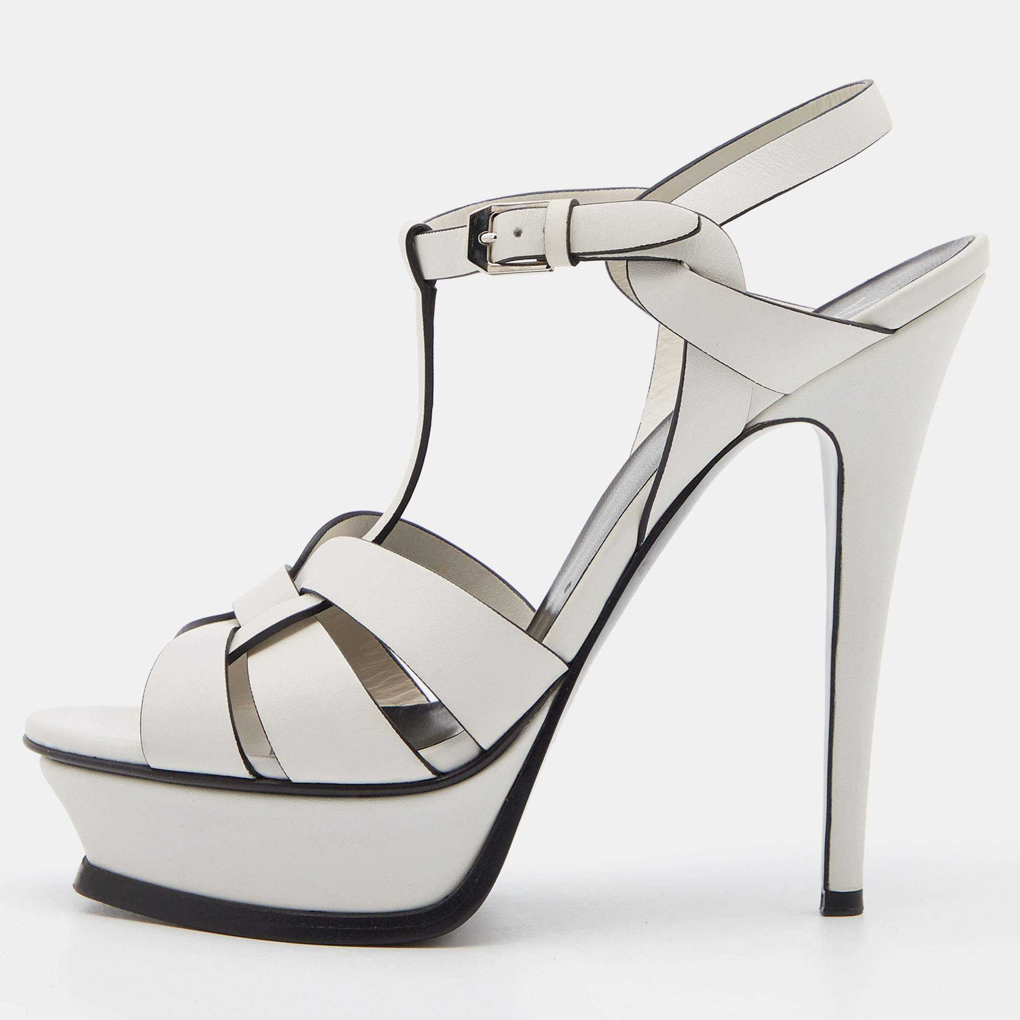 Pre Owned Saint Laurent White Leather Tribute Ankle Strap Sandals Size 38