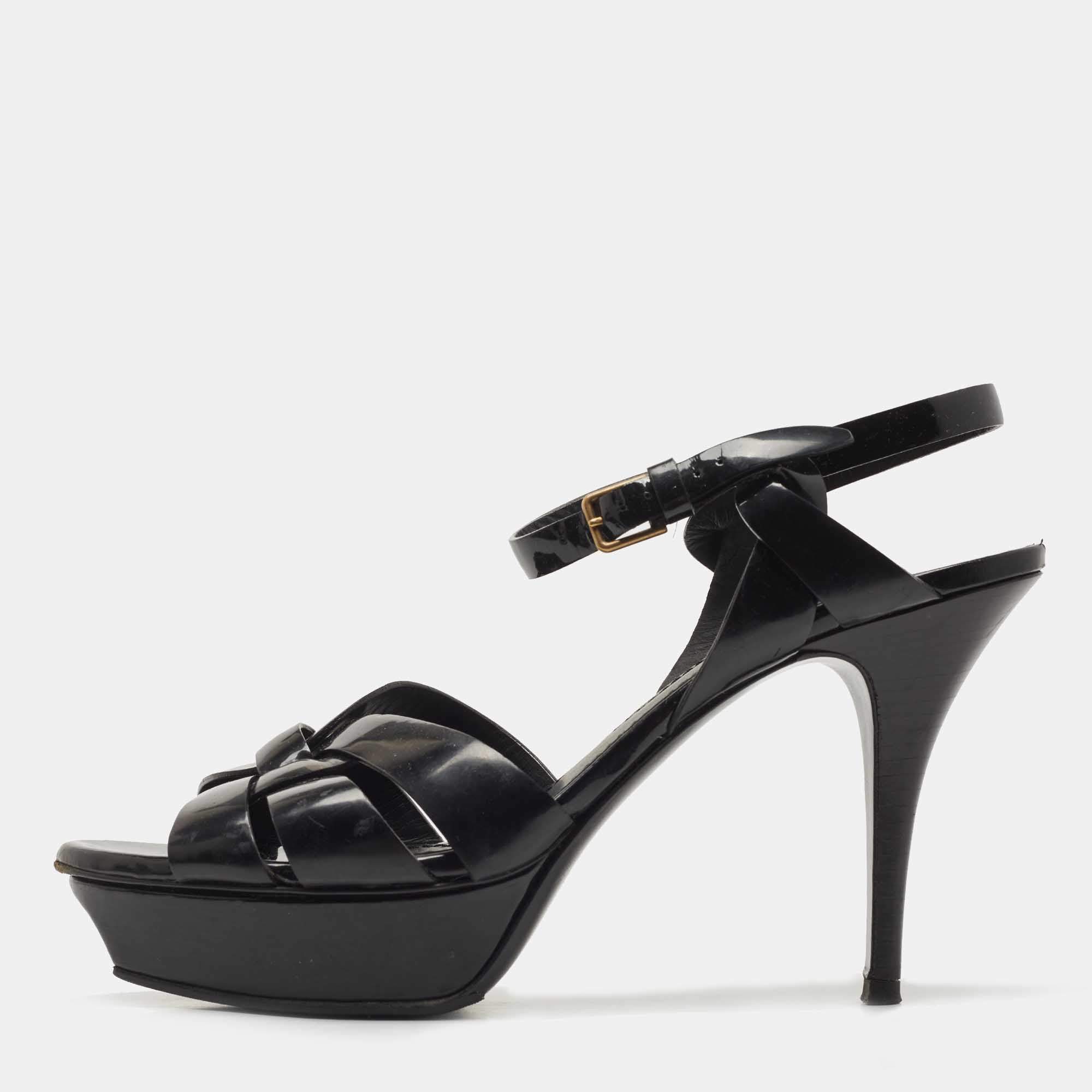 Pre Owned Saint Laurent Paris Black Leather Tribute Platform Ankle Strap Sandals Size 40.5