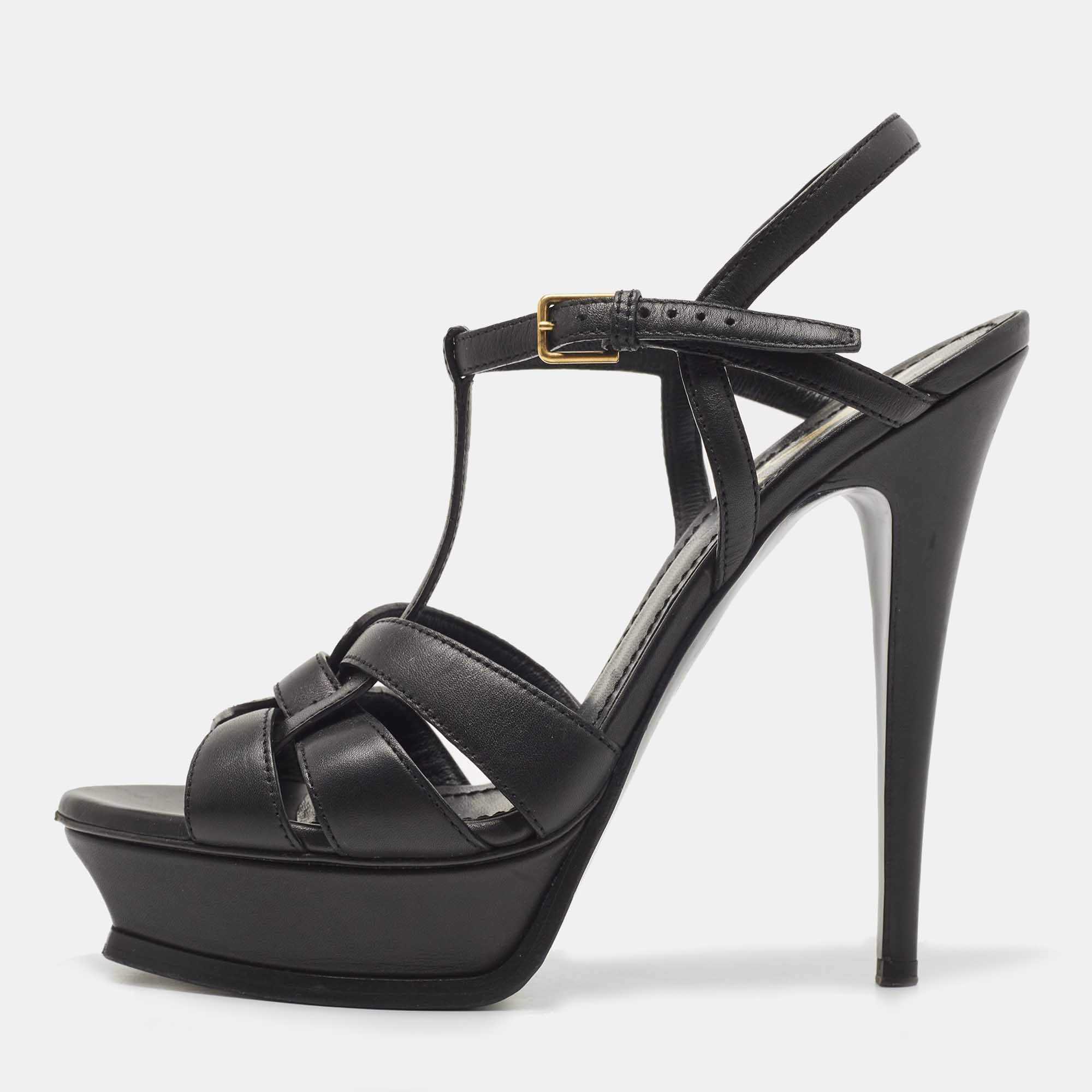 Saint Laurent Black Leather Tribute Platform Ankle Strap Sandals Size 40