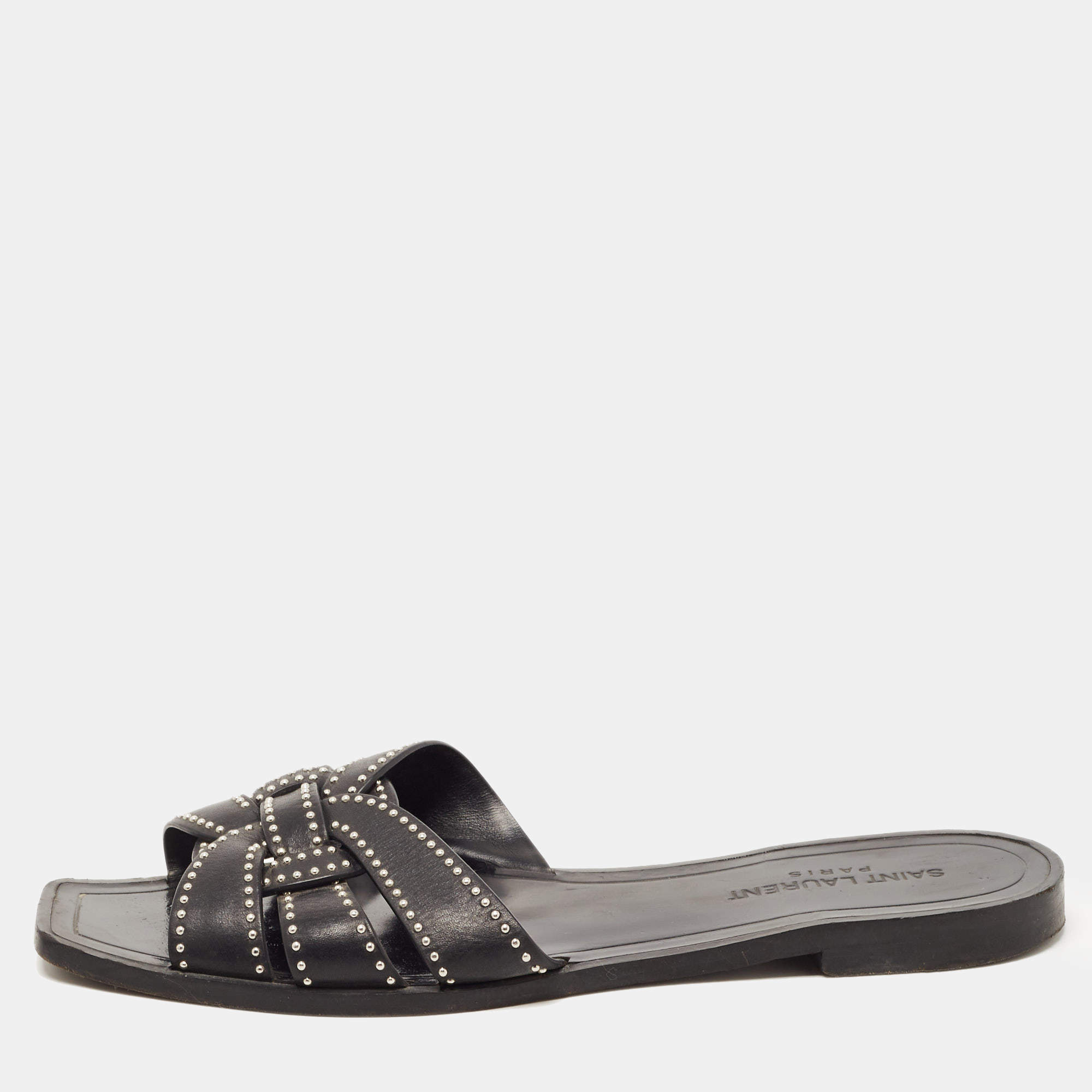 Saint Laurent Black Leather Tribute Studded Flat Slides Size 38.5