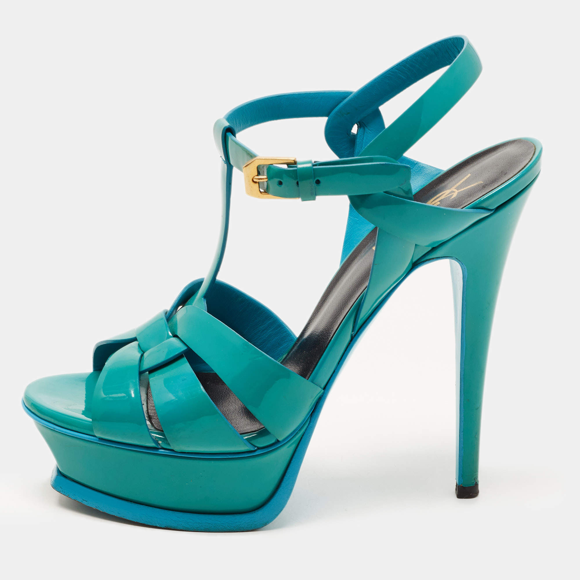 مملوكة مسبقًا Saint Laurent Green Leather Tribute Platform Ankle Strap Sandals Size 36