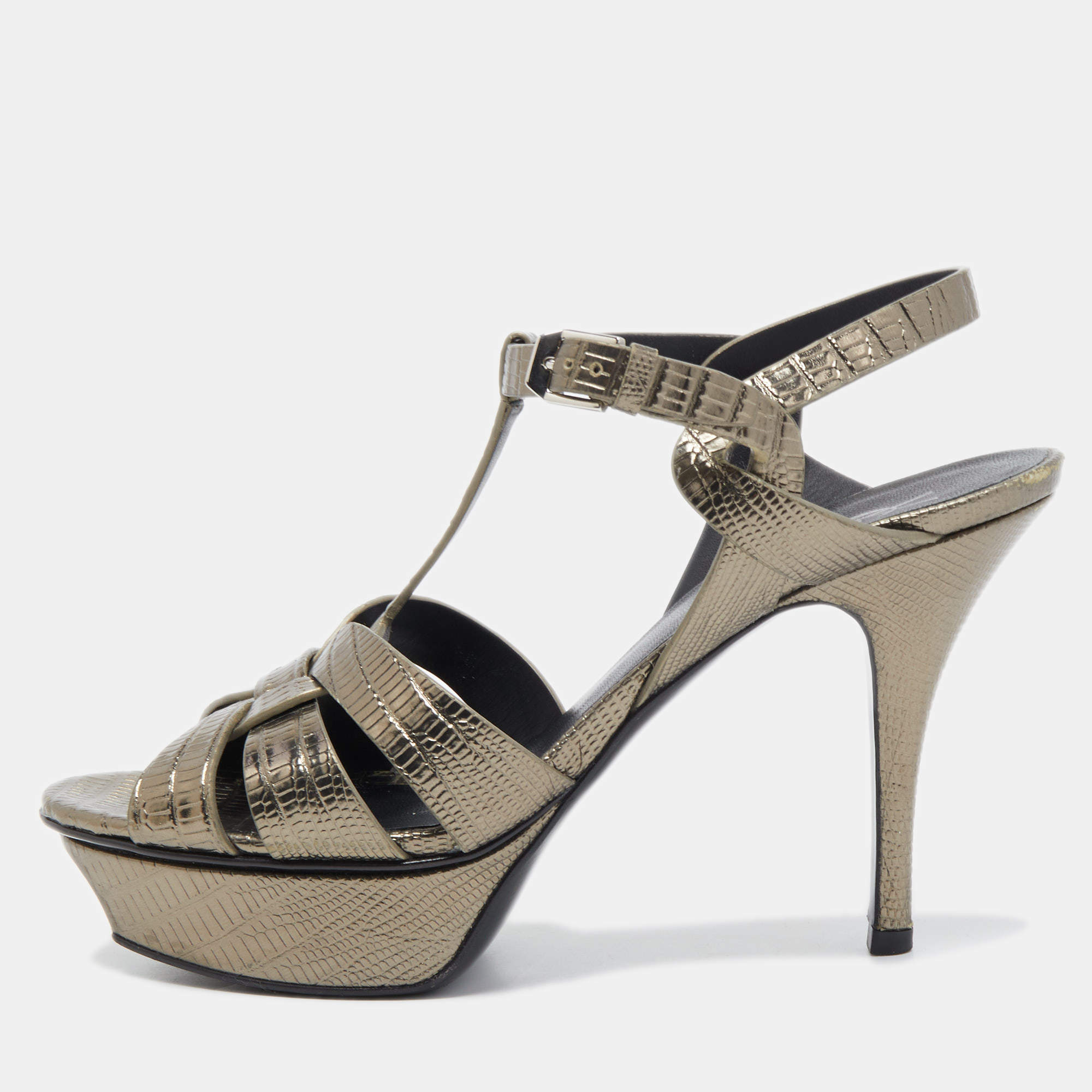 مملوكة مسبقًا Saint Laurent Metallic Lizard Embossed Leather Tribute Platform Ankle Strap Sandals Size 37.5