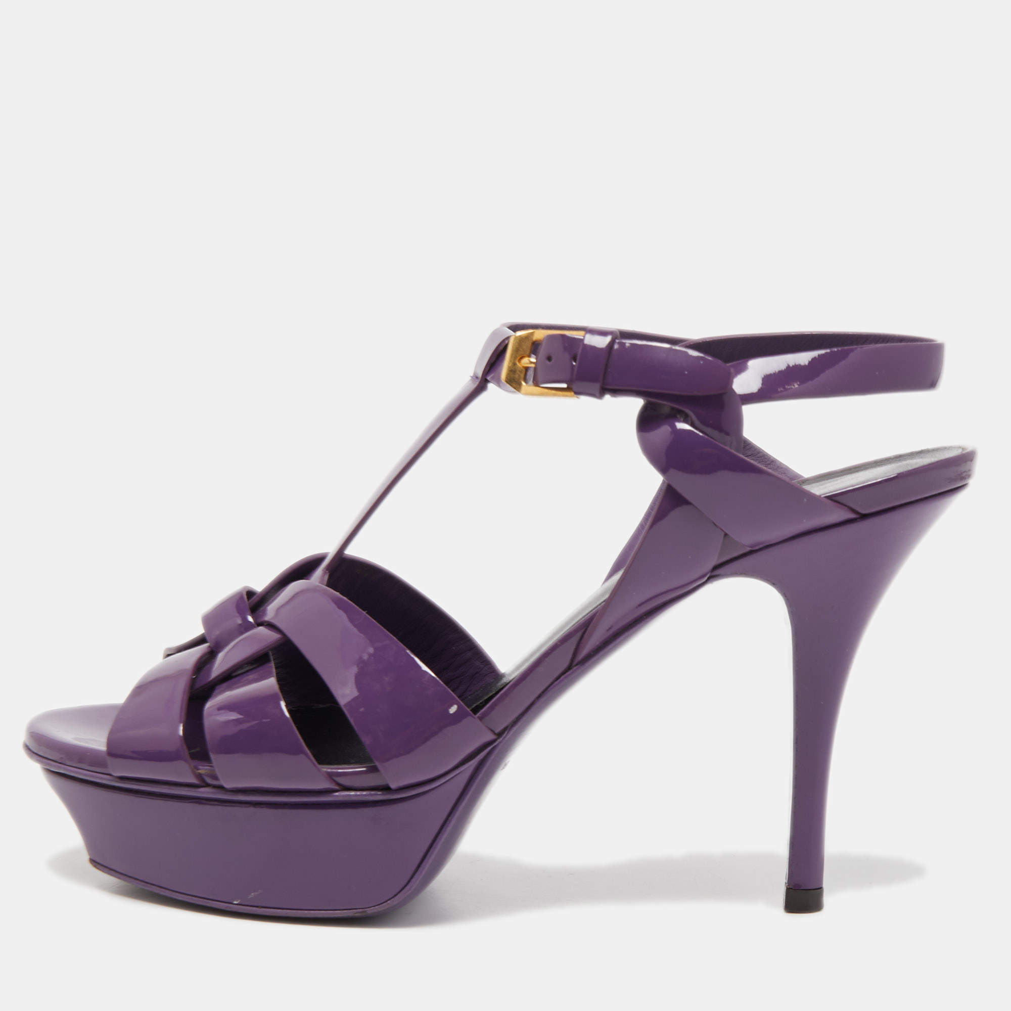Pre Owned Saint Laurent Paris Purple Patent Leather Tribute Platform Ankle Strap Sandals Size 37