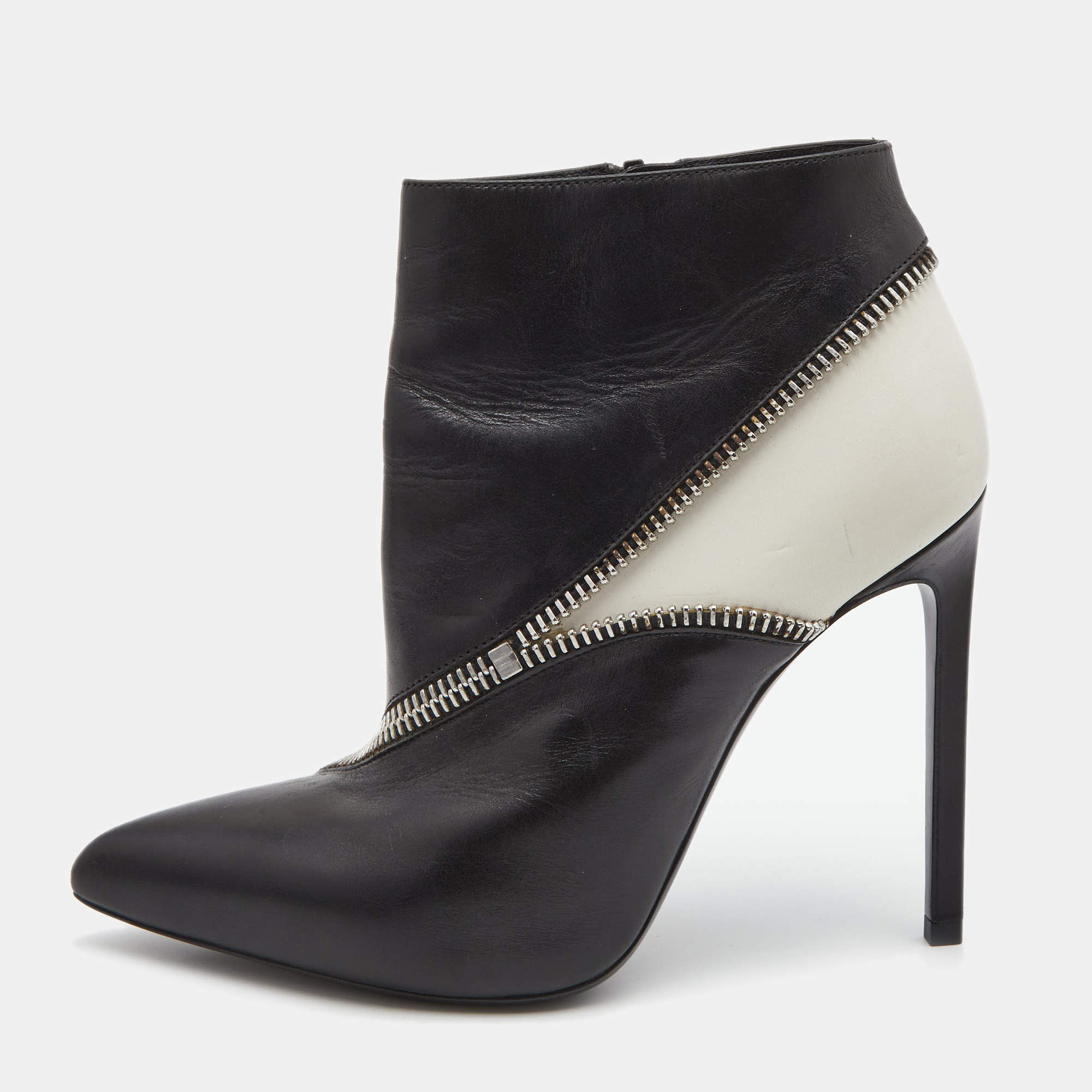 Pre Owned Saint Laurent Black/White Leather Color Block Ankle Booties Size 36