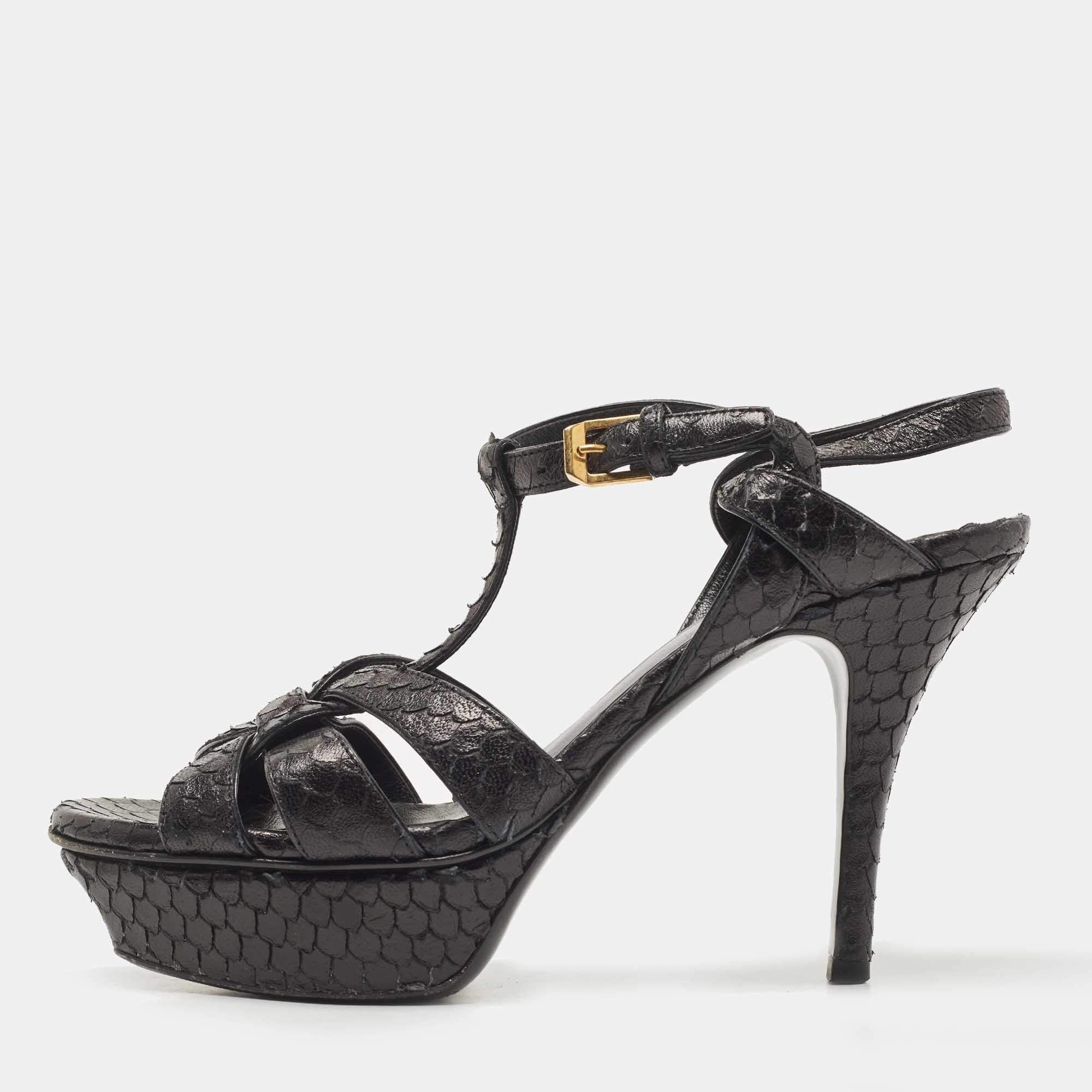 Saint Laurent Paris Black Python Leather Embossed Tribute Platform Ankle Strap Sandals Size 36.5