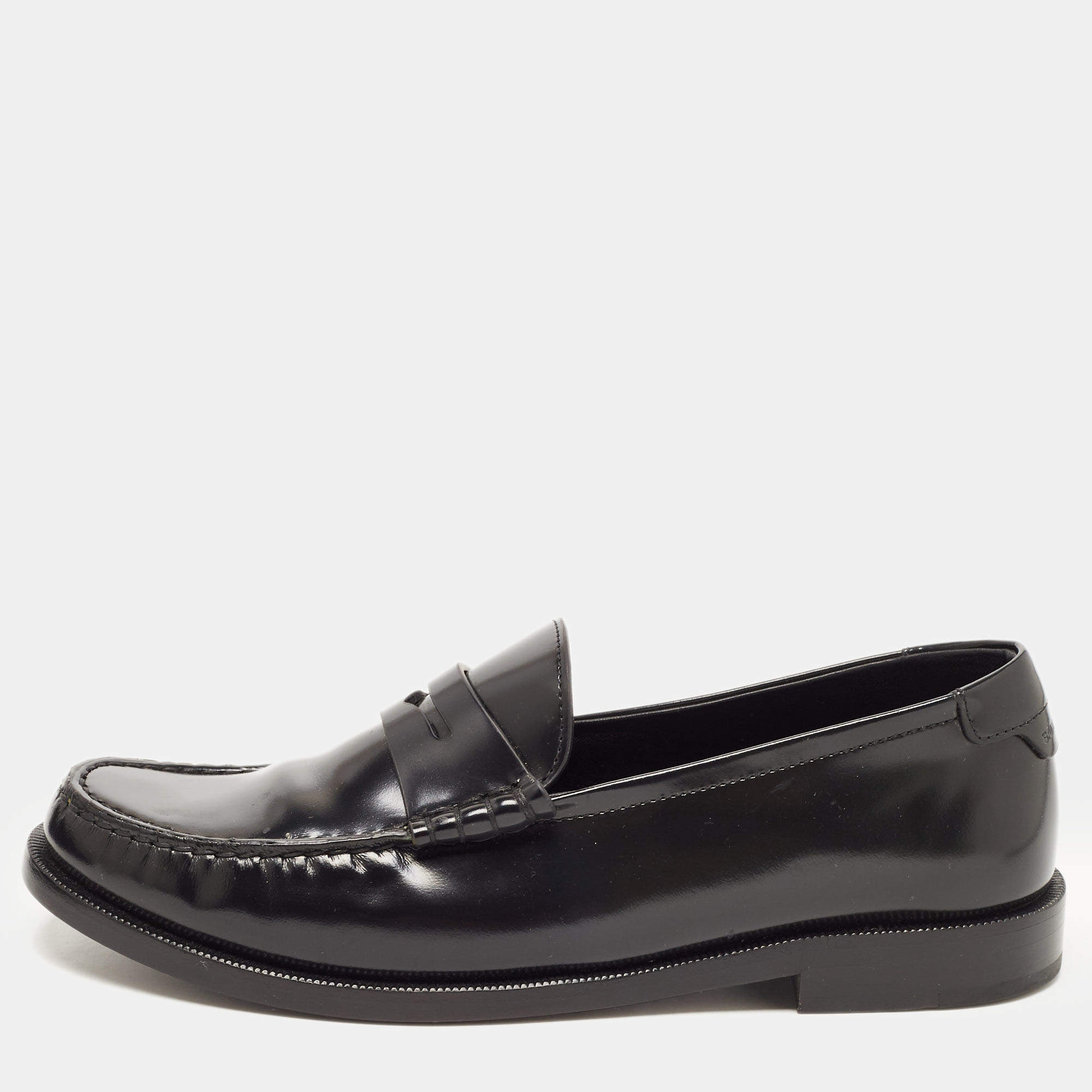 Pre Owned Saint Laurent Paris Black Leather Penny Slip On Loafers Size 38.5