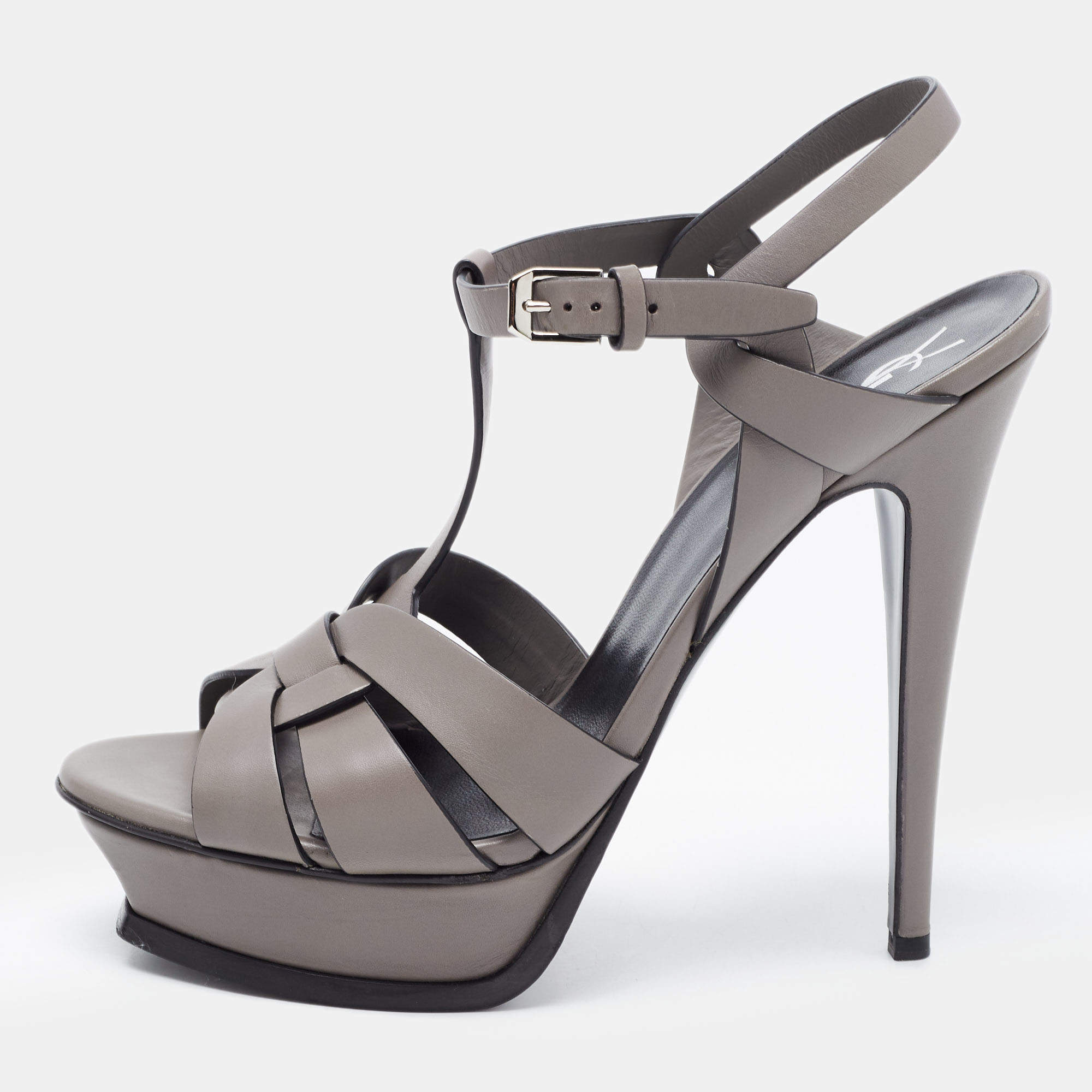 Saint Laurent Grey Patent Leather Tribute Platform Ankle Strap Sandals Size 40