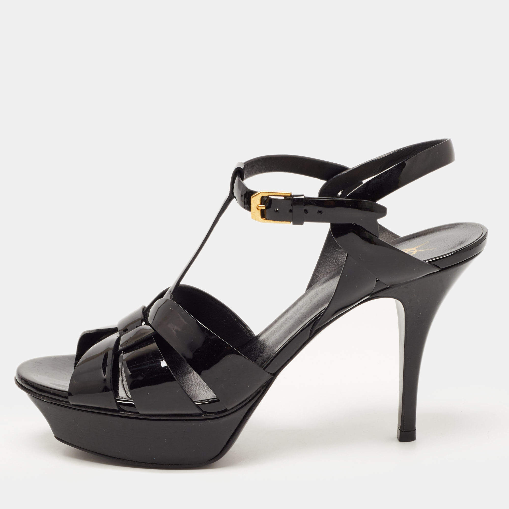 Pre Owned Saint Laurent Black Patent Leather Tribute Platform Ankle Strap Sandals Size 39.5