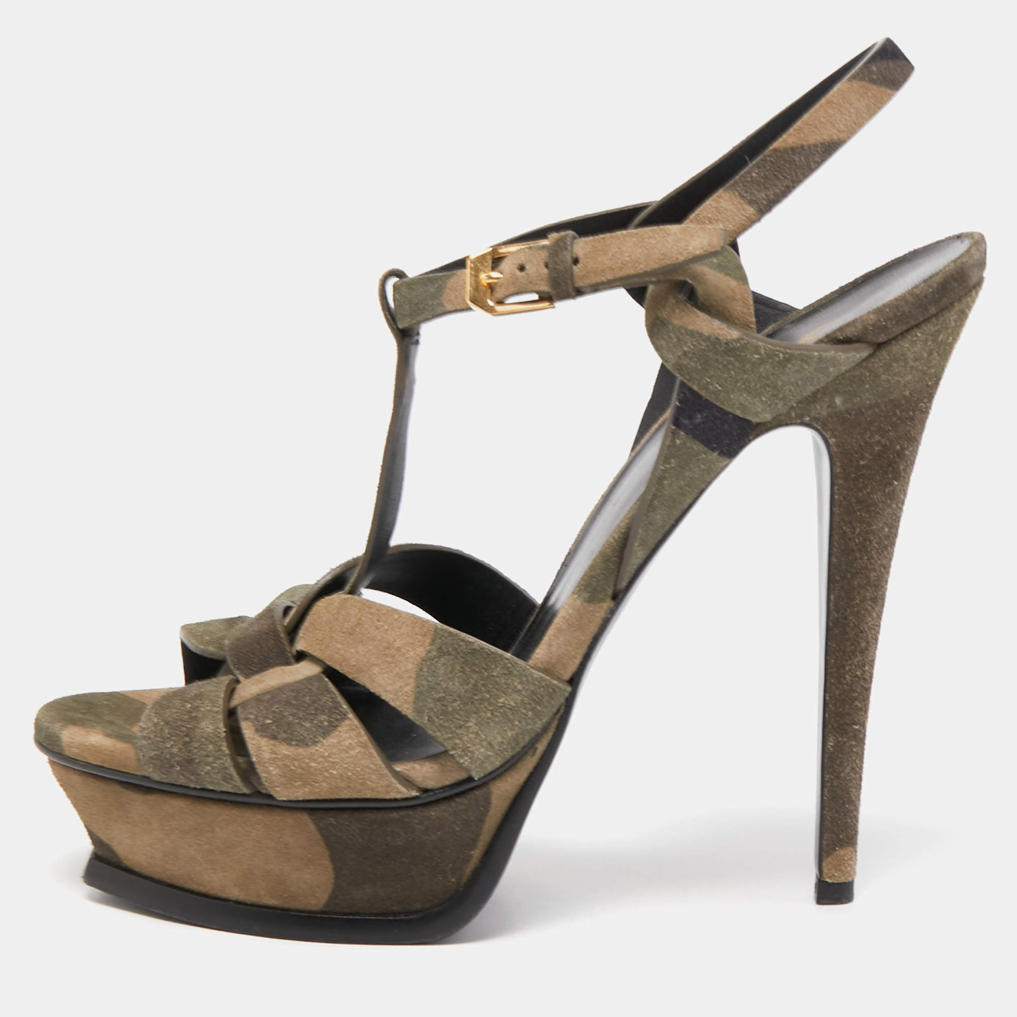 مملوكة مسبقًا Saint Laurent Green Camouflage Suede Tribute Sandals Size 39