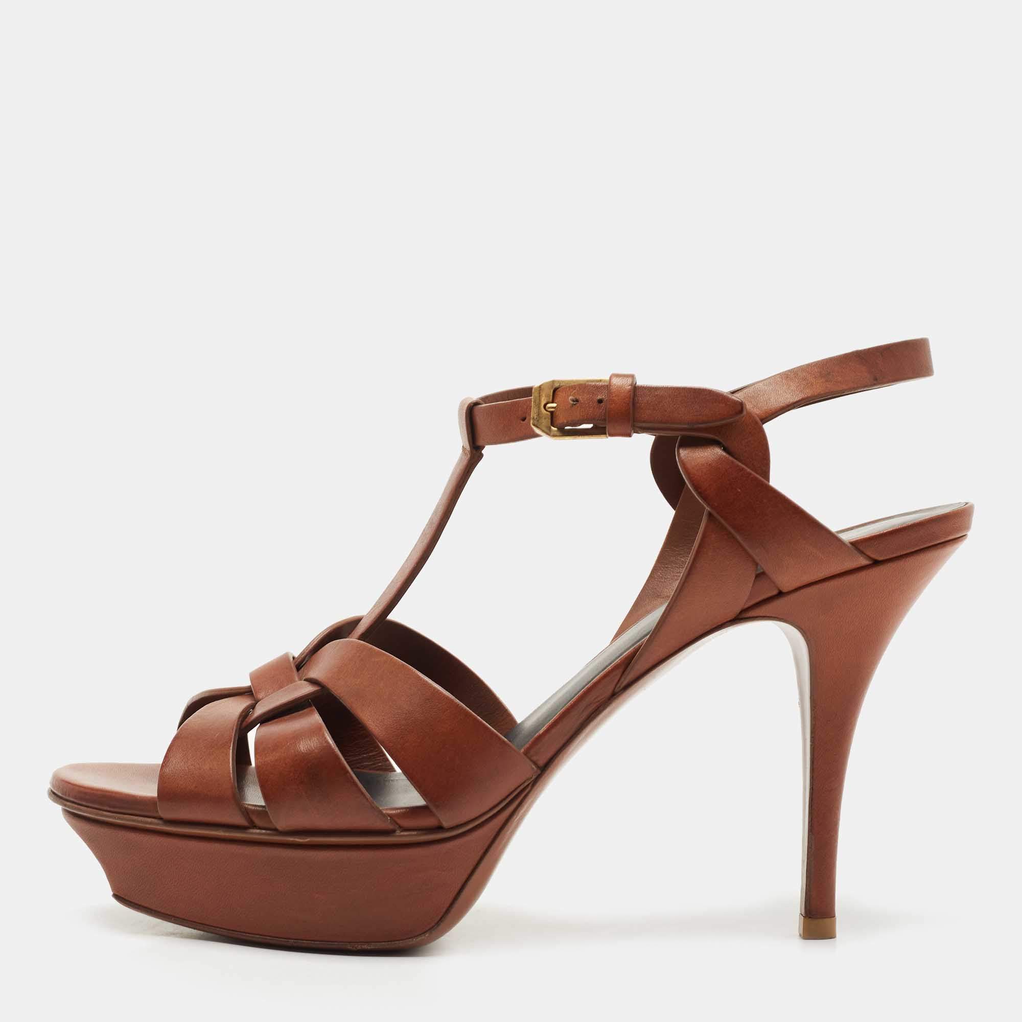Saint Laurent Brown Leather Tribute Platform Ankle Strap Sandals Size 39