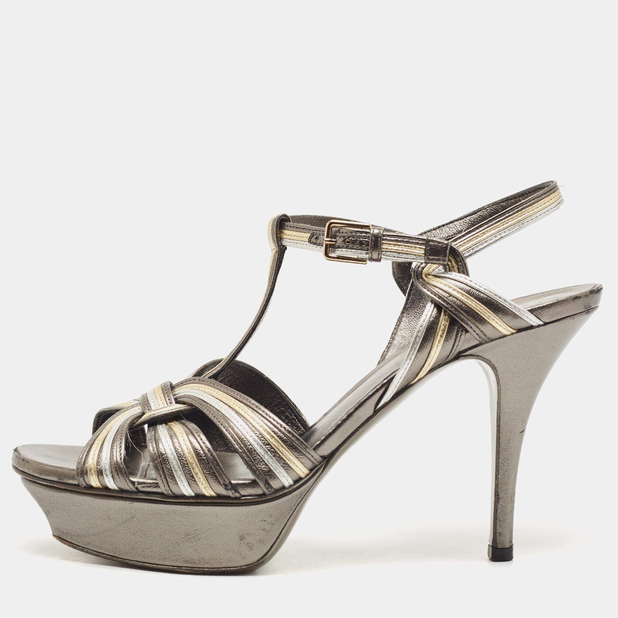 Saint Laurent Metallic Grey/White Leather Tribute  Sandals Size 38