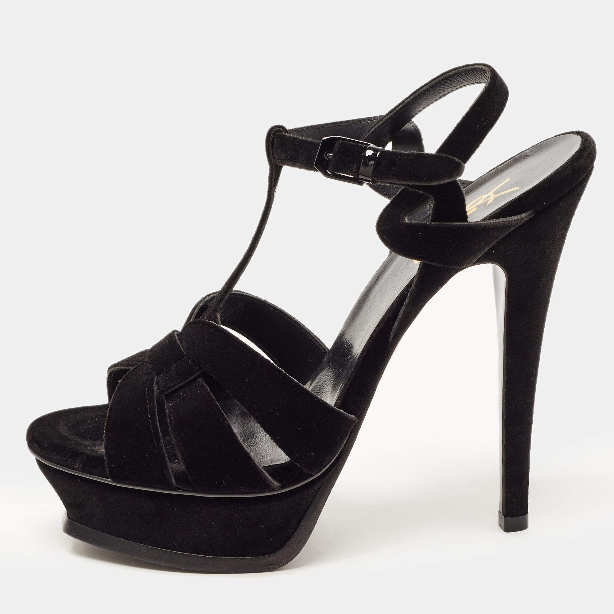 Pre Owned Saint Laurent Black Velvet Tribute Sandals Size 38.5