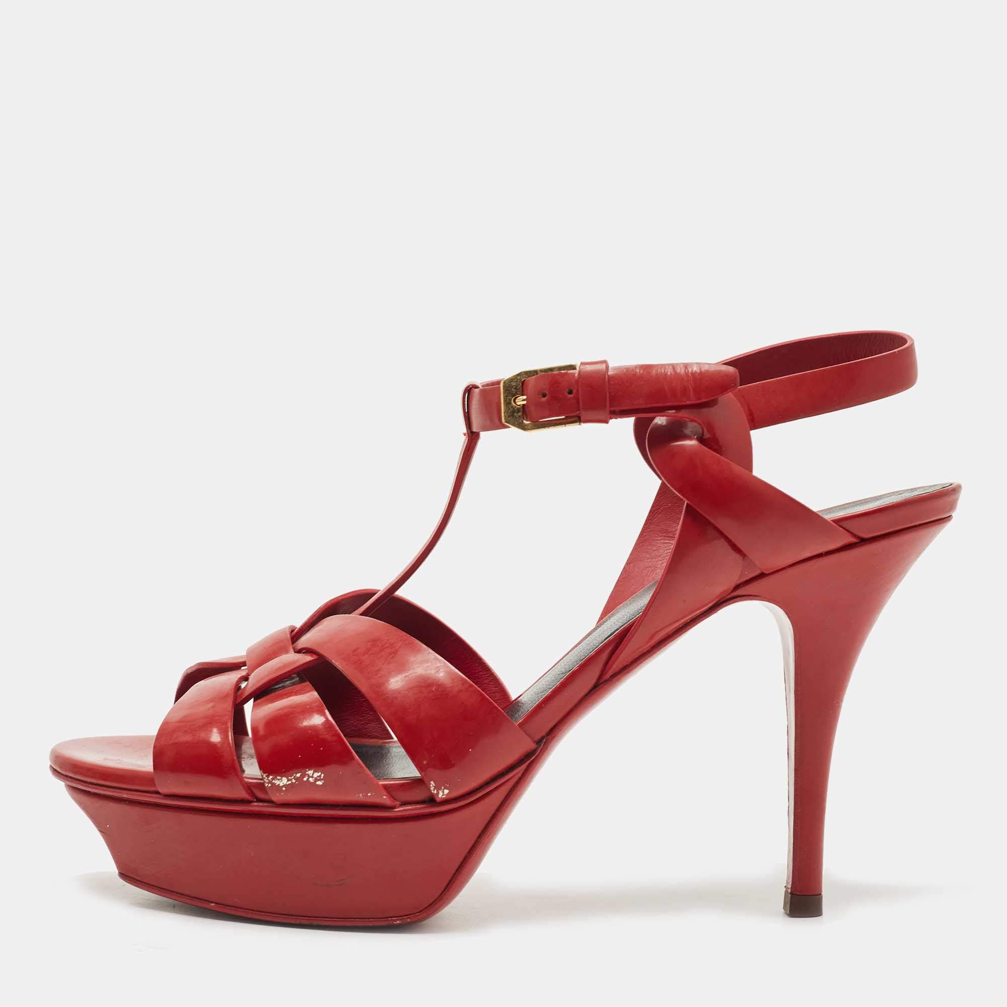 Pre Owned Saint Laurent Red Patent Leather Tribute Sandals Size 38