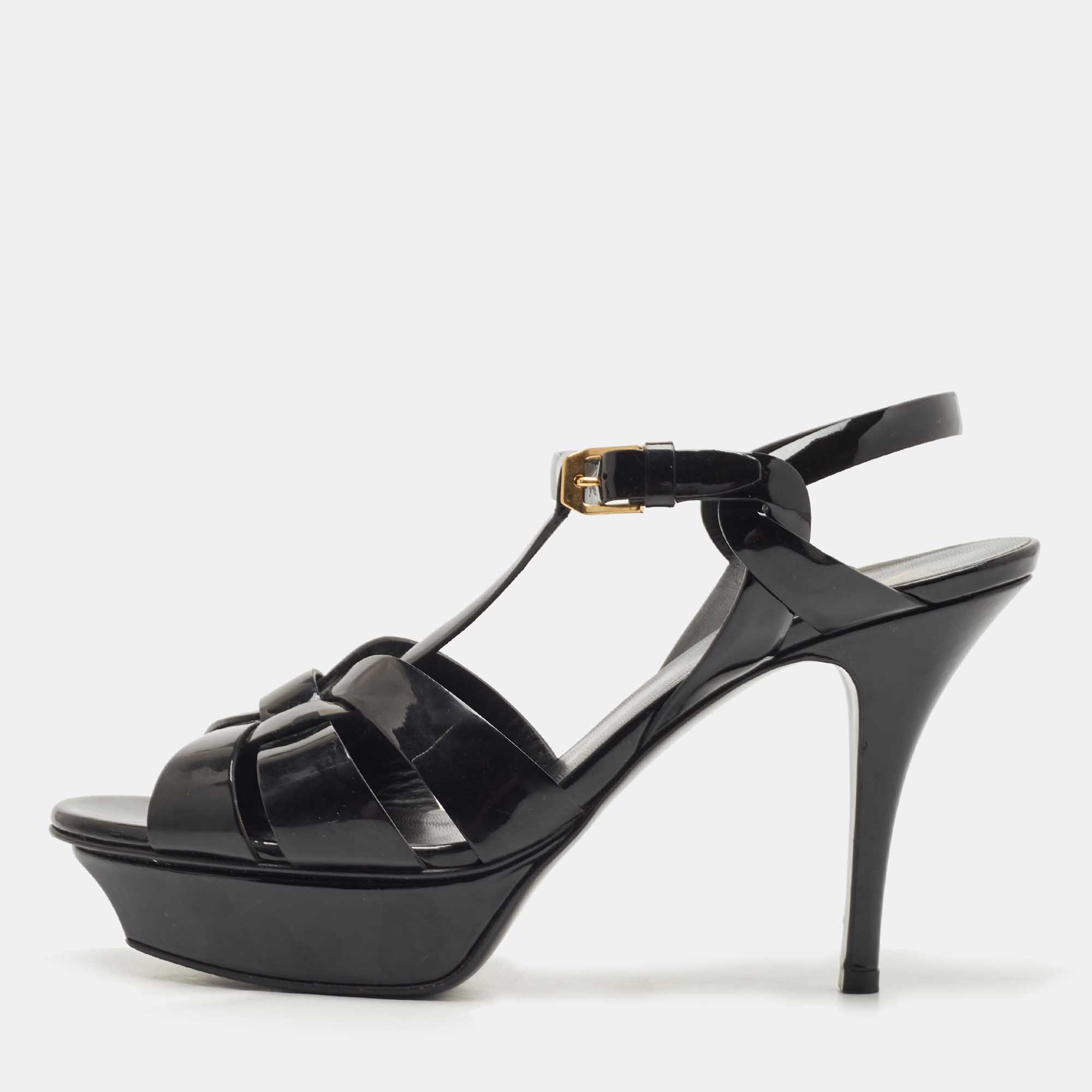 Pre Owned Saint Laurent Black Patent Tribute Sandals Size 38.5