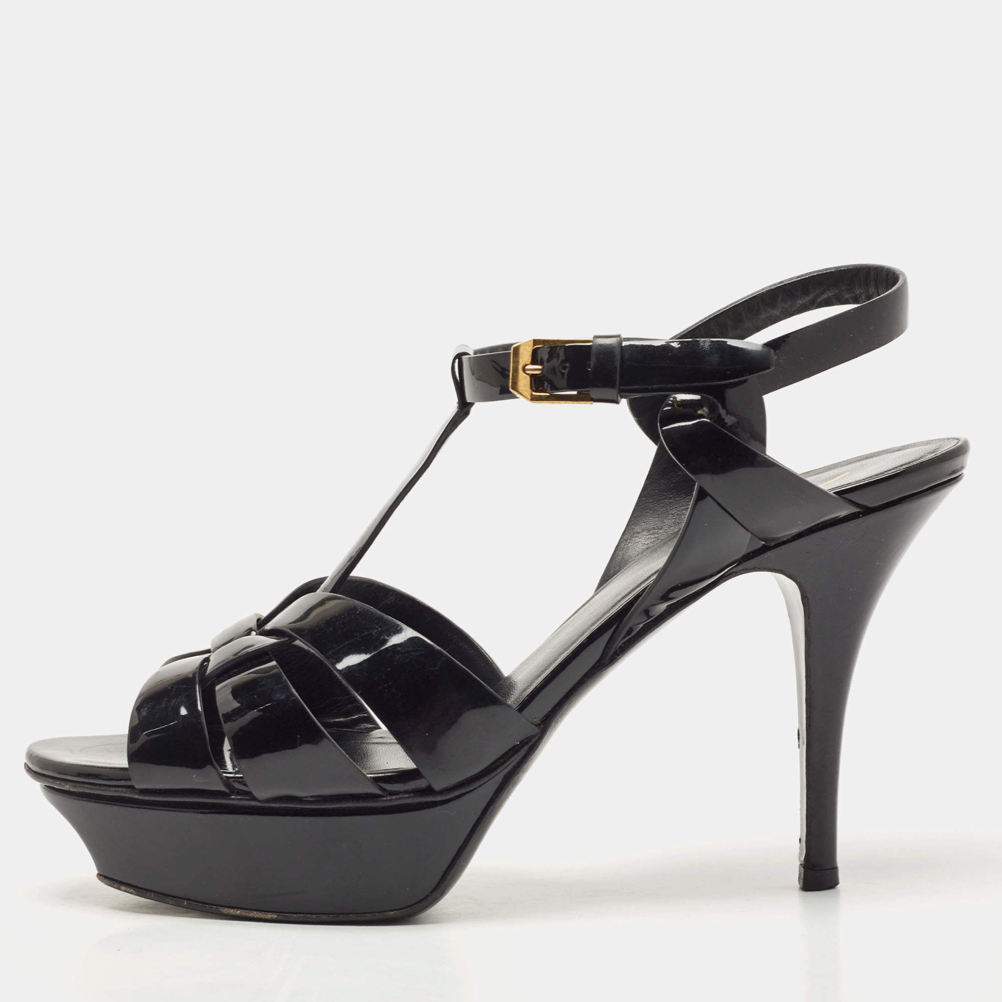 Pre Owned Saint Laurent Black Patent Leather Tribute Sandals Size 38