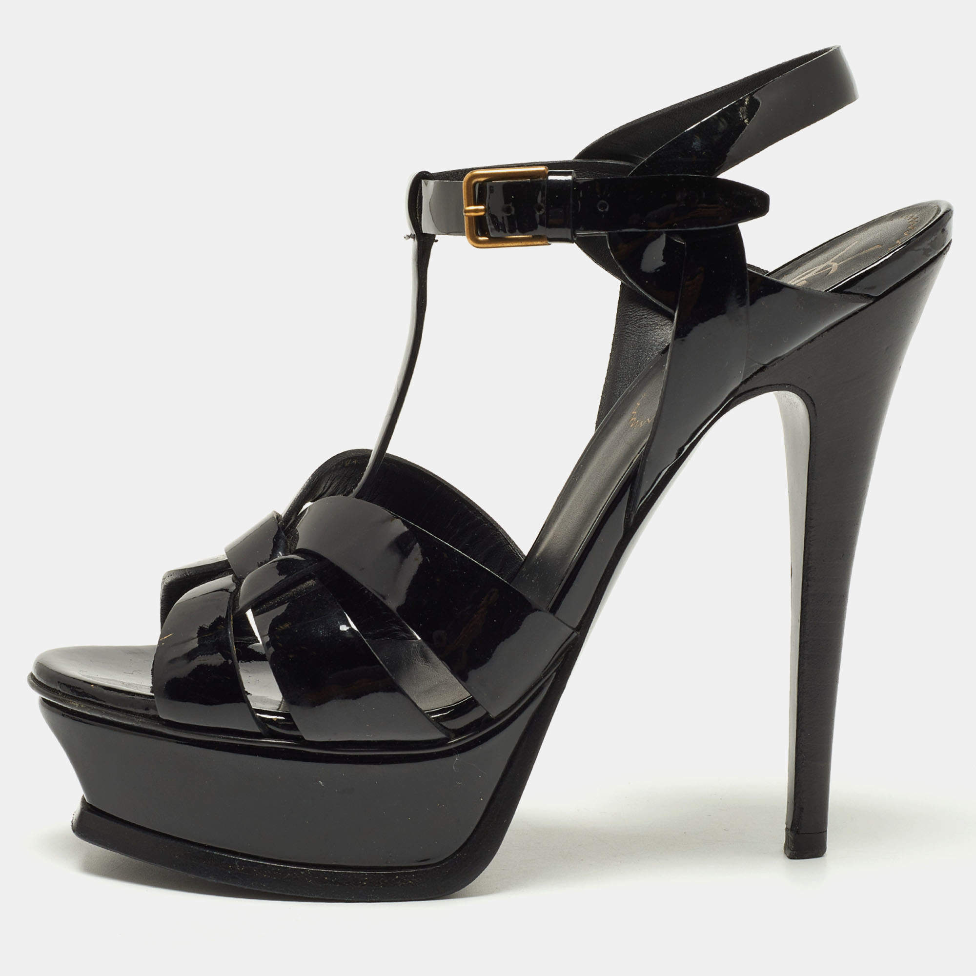 Saint Laurent Black Patent Leather Tribute Ankle Strap Sandals Size 36
