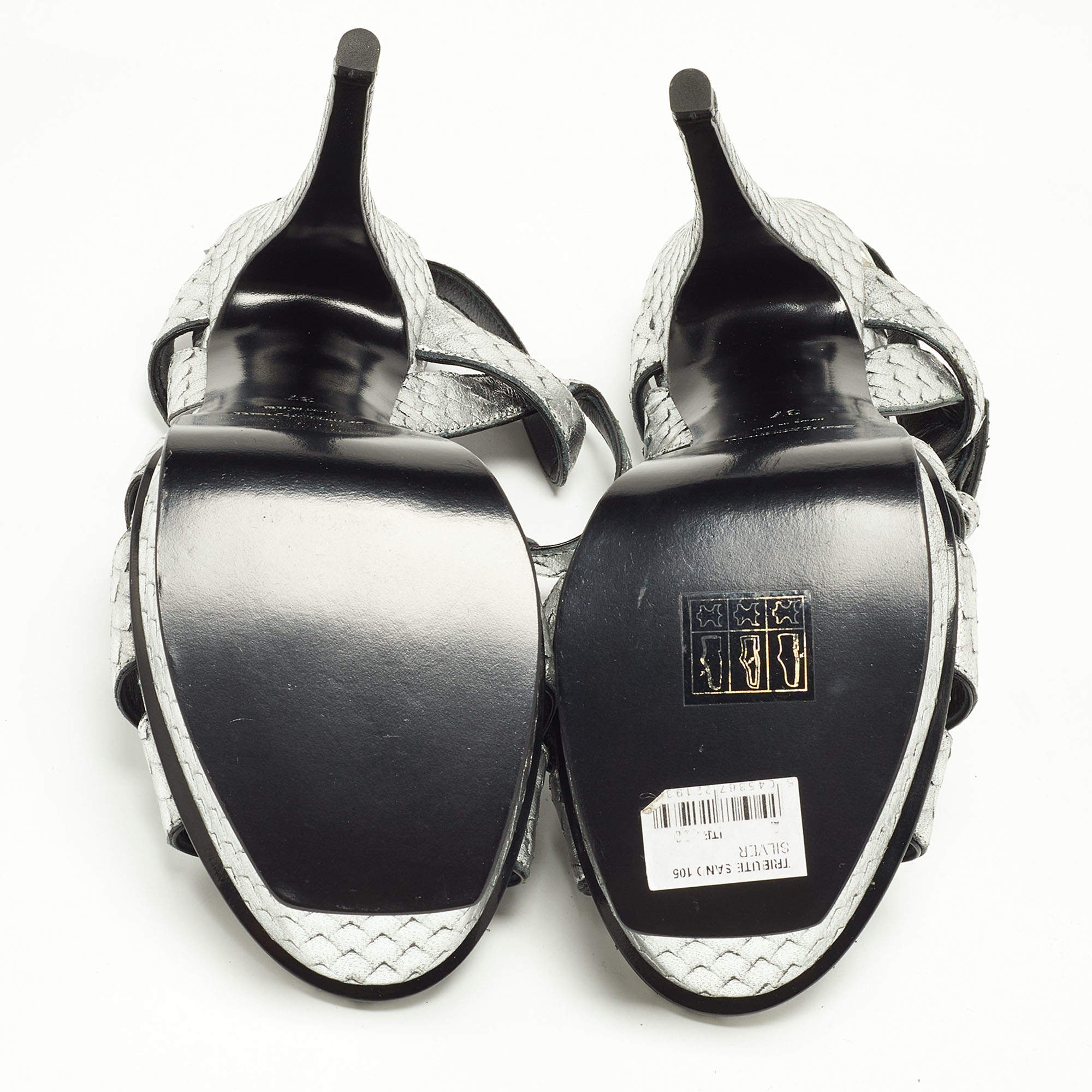 Pre Owned Saint Laurent Silver Snakeskin Embossed Leather Tribute Ankle Strap Sandals Size 37