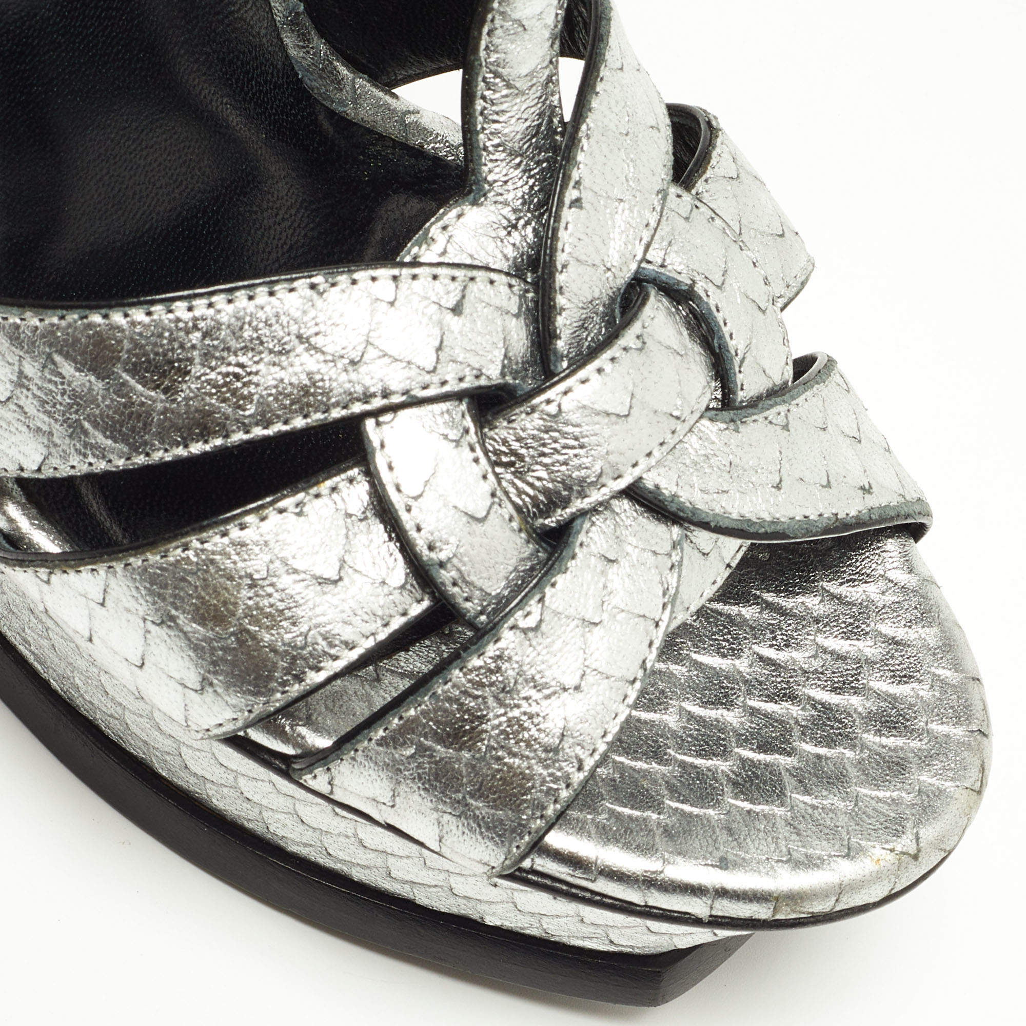 Pre Owned Saint Laurent Silver Snakeskin Embossed Leather Tribute Ankle Strap Sandals Size 37