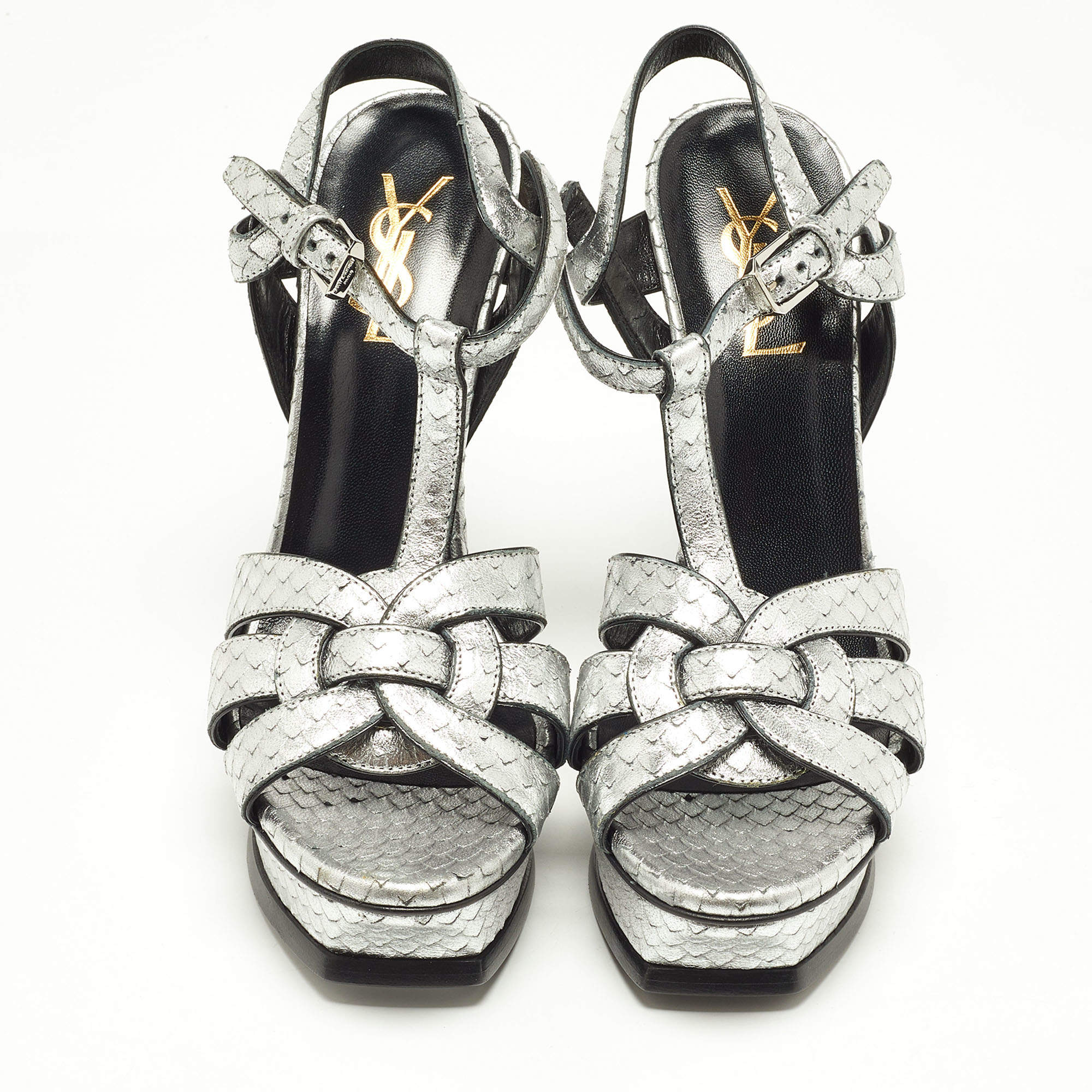 Pre Owned Saint Laurent Silver Snakeskin Embossed Leather Tribute Ankle Strap Sandals Size 37