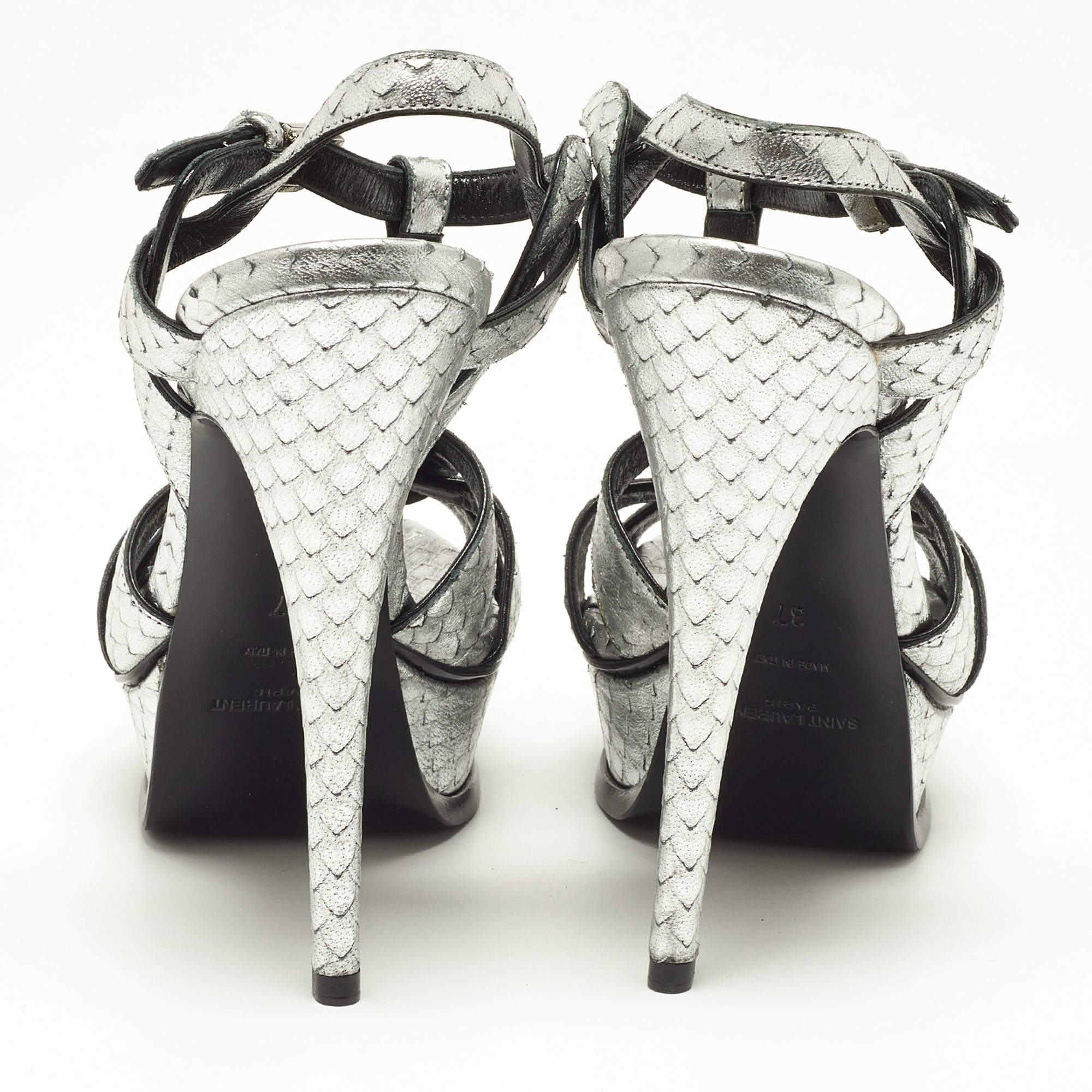 Pre Owned Saint Laurent Silver Snakeskin Embossed Leather Tribute Ankle Strap Sandals Size 37