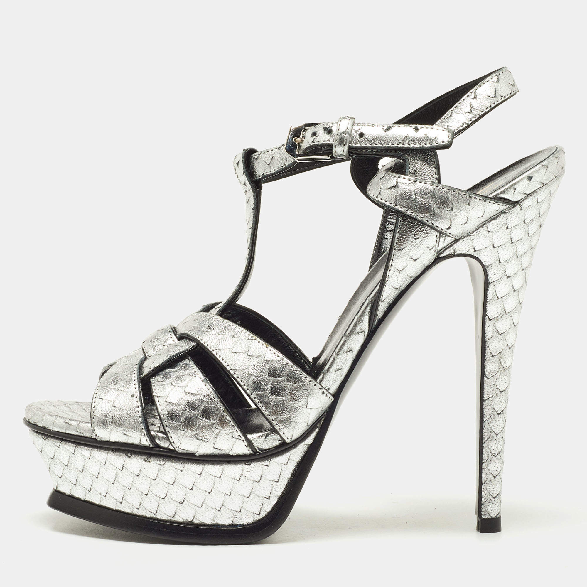 Pre Owned Saint Laurent Silver Snakeskin Embossed Leather Tribute Ankle Strap Sandals Size 37