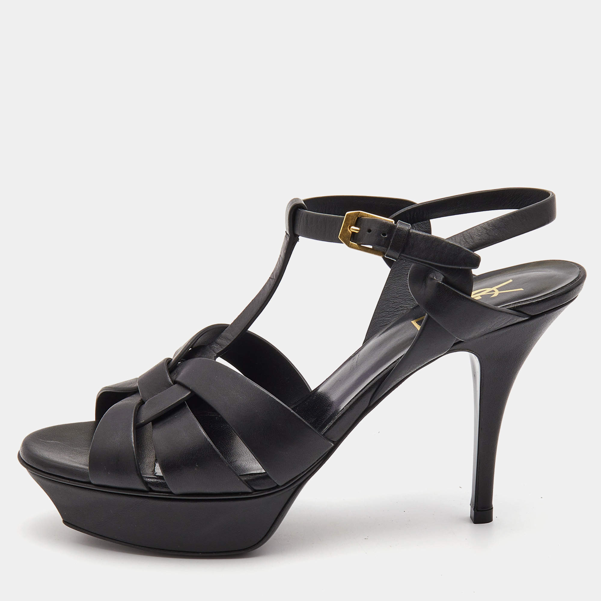 Pre Owned Saint Laurent Black Leather Tribute Sandals Size 39